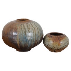 2 Vintage Southwestern Round Glazed Ceramic Earthenware Pots Vases Vessels 