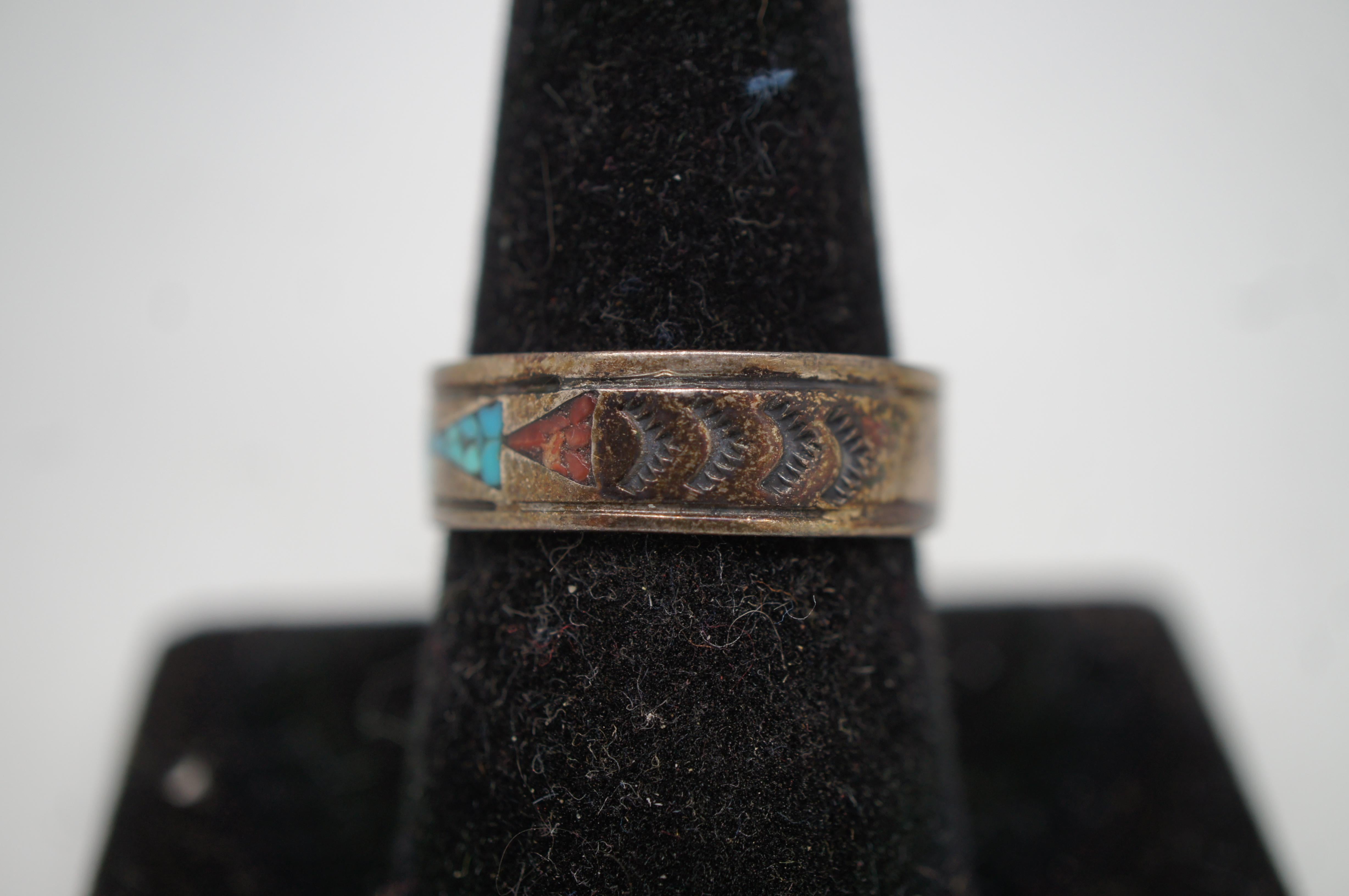 2 Vintage Southwestern Sterling Silver Mozaic Coral Turquoise Inlay Rings For Sale 5