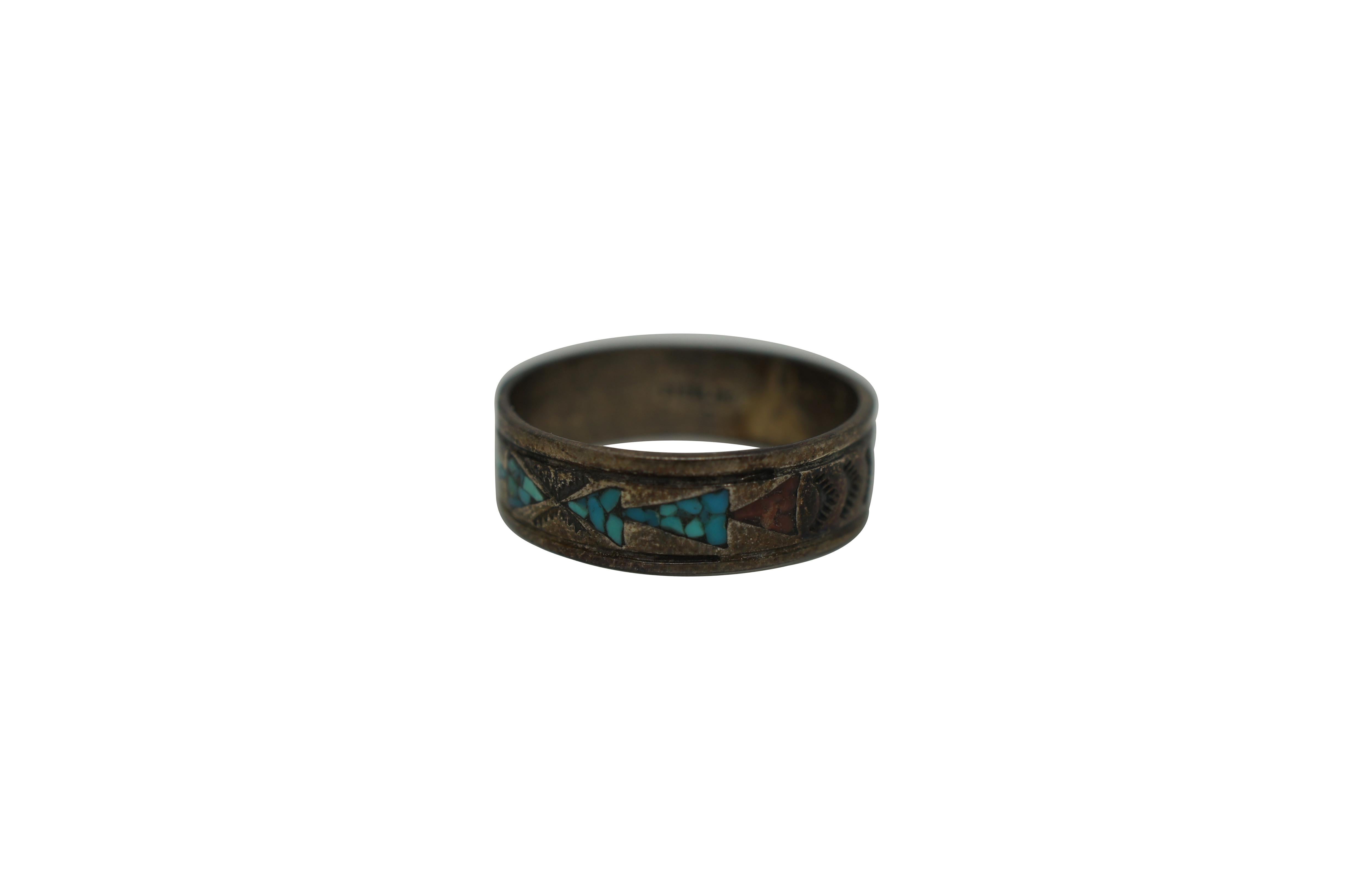 Native American 2 Vintage Southwestern Sterling Silver Mozaic Coral Turquoise Inlay Rings For Sale