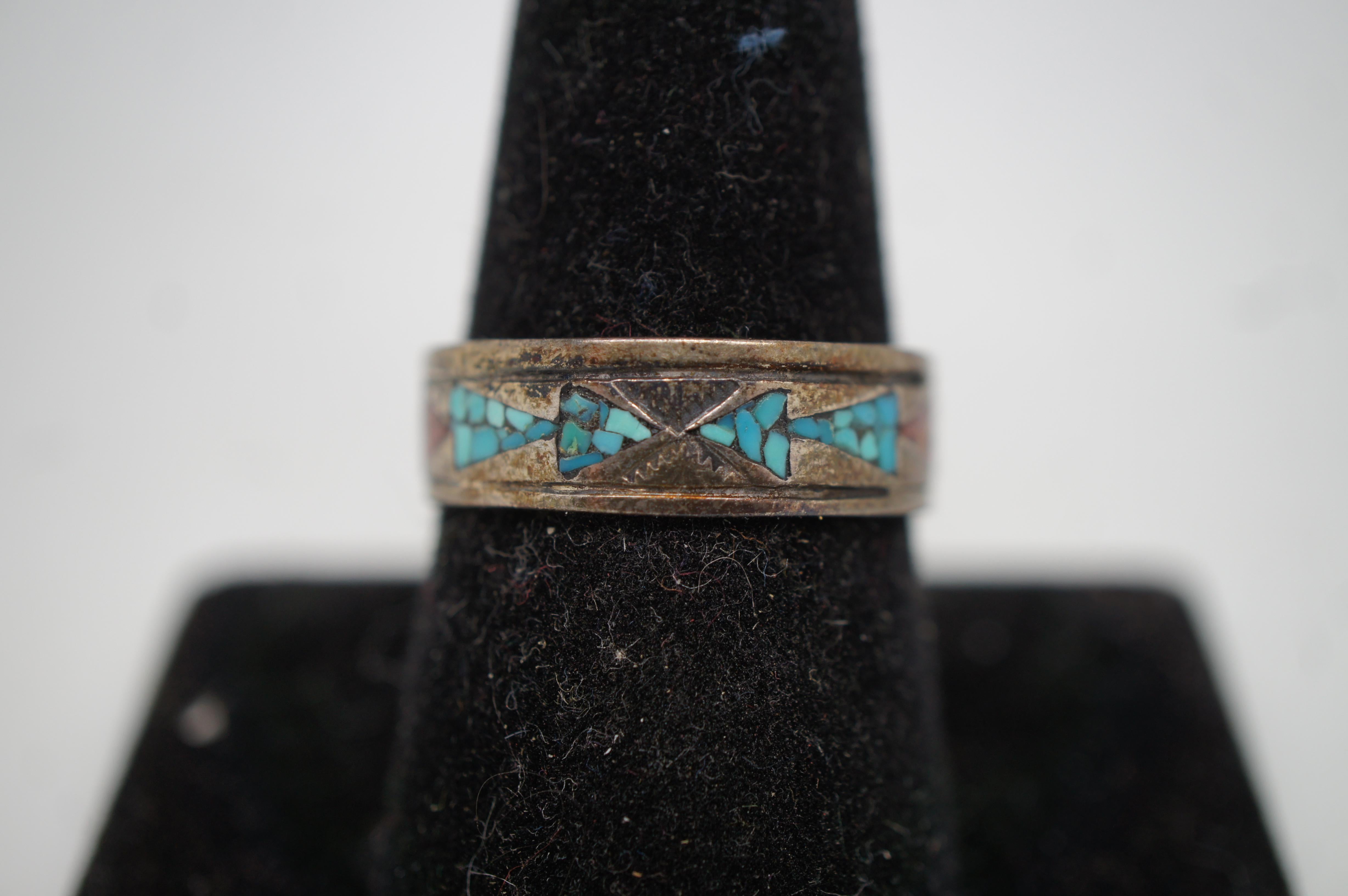 2 Vintage Southwestern Sterling Silver Mozaic Coral Turquoise Inlay Rings For Sale 4