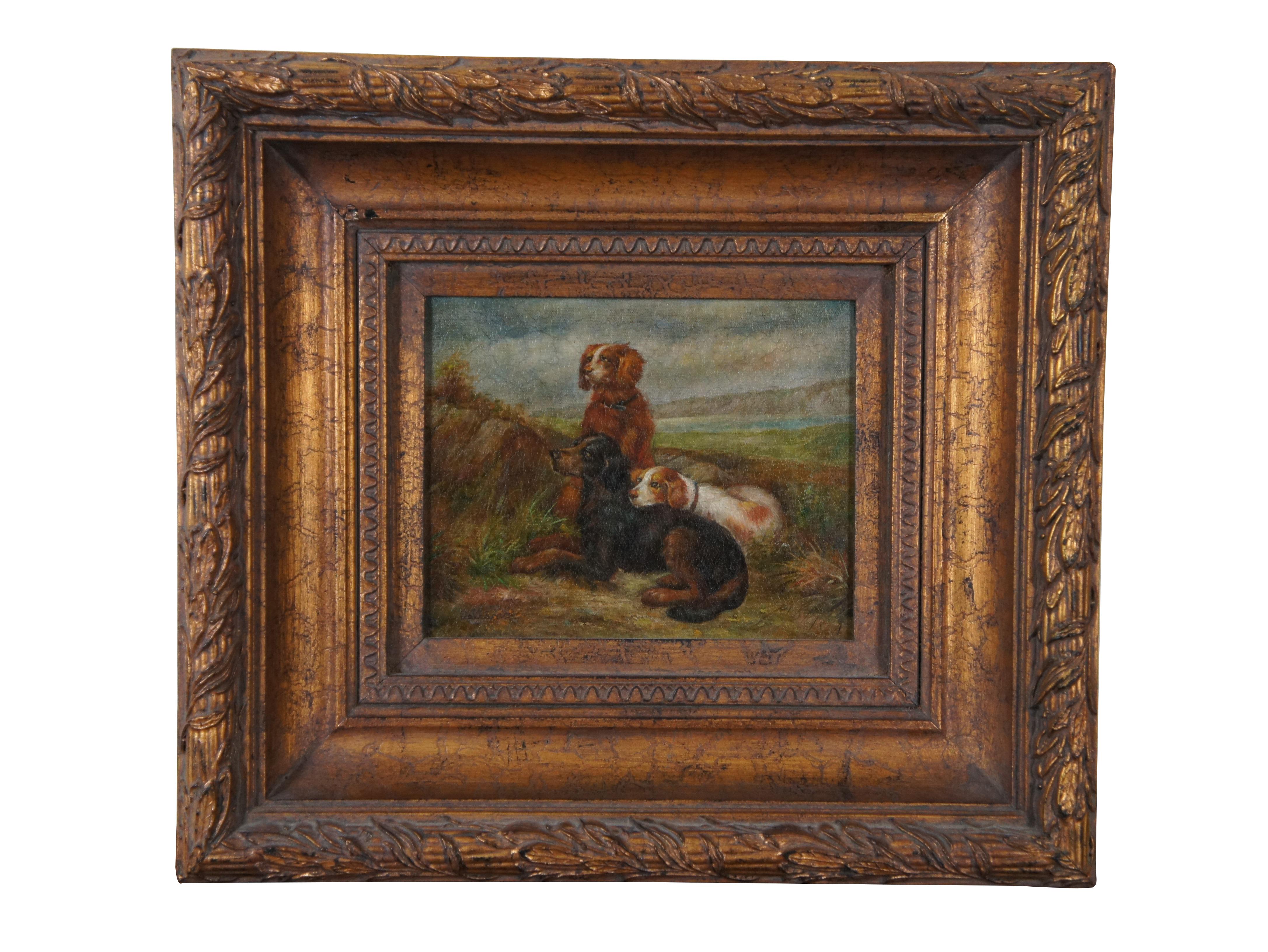 Two vintage oil on canvas paintings, each showing a trio of spaniels / British style hunting dogs in a picturesque landscape, with a crackled antiqued finish. One signed Dellano (Dellamo?) in lower left. The other signed Herman in lower right.
