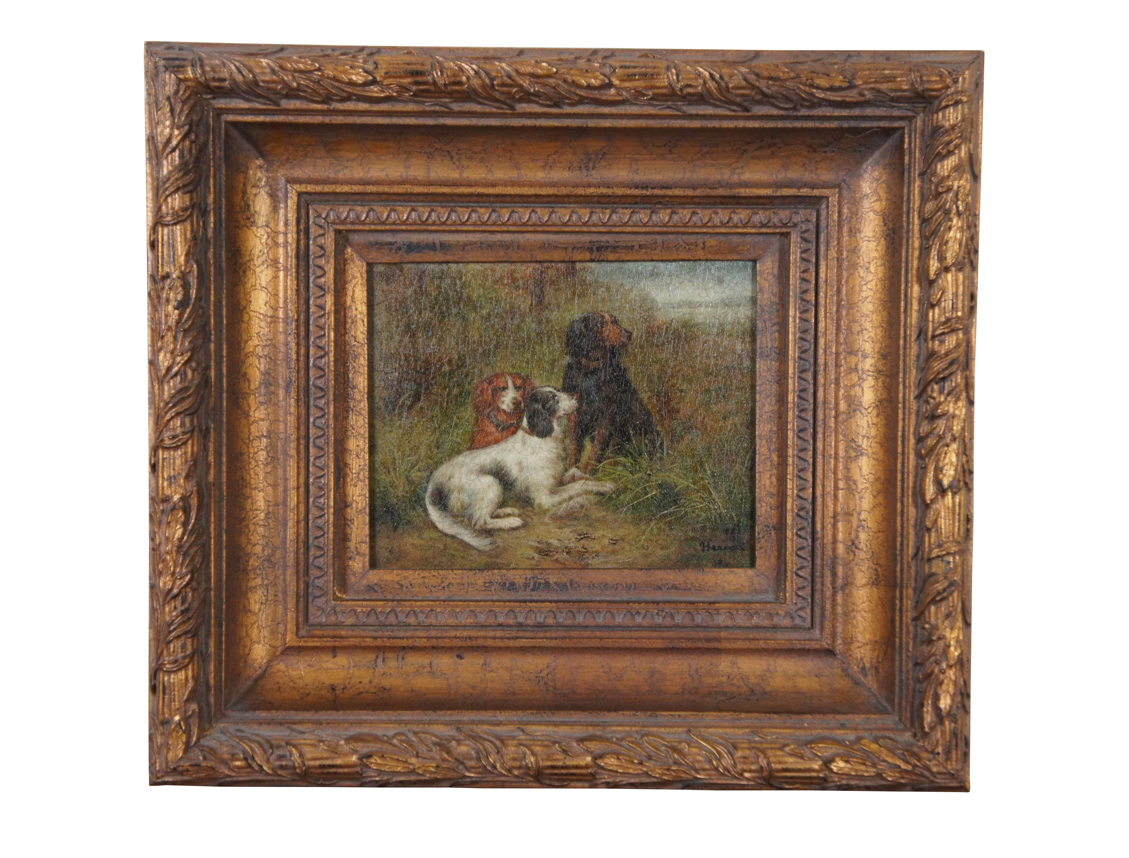 2 Vintage Spaniel Dog Portrait Oil Paintings on Canvas Gold Frames 20