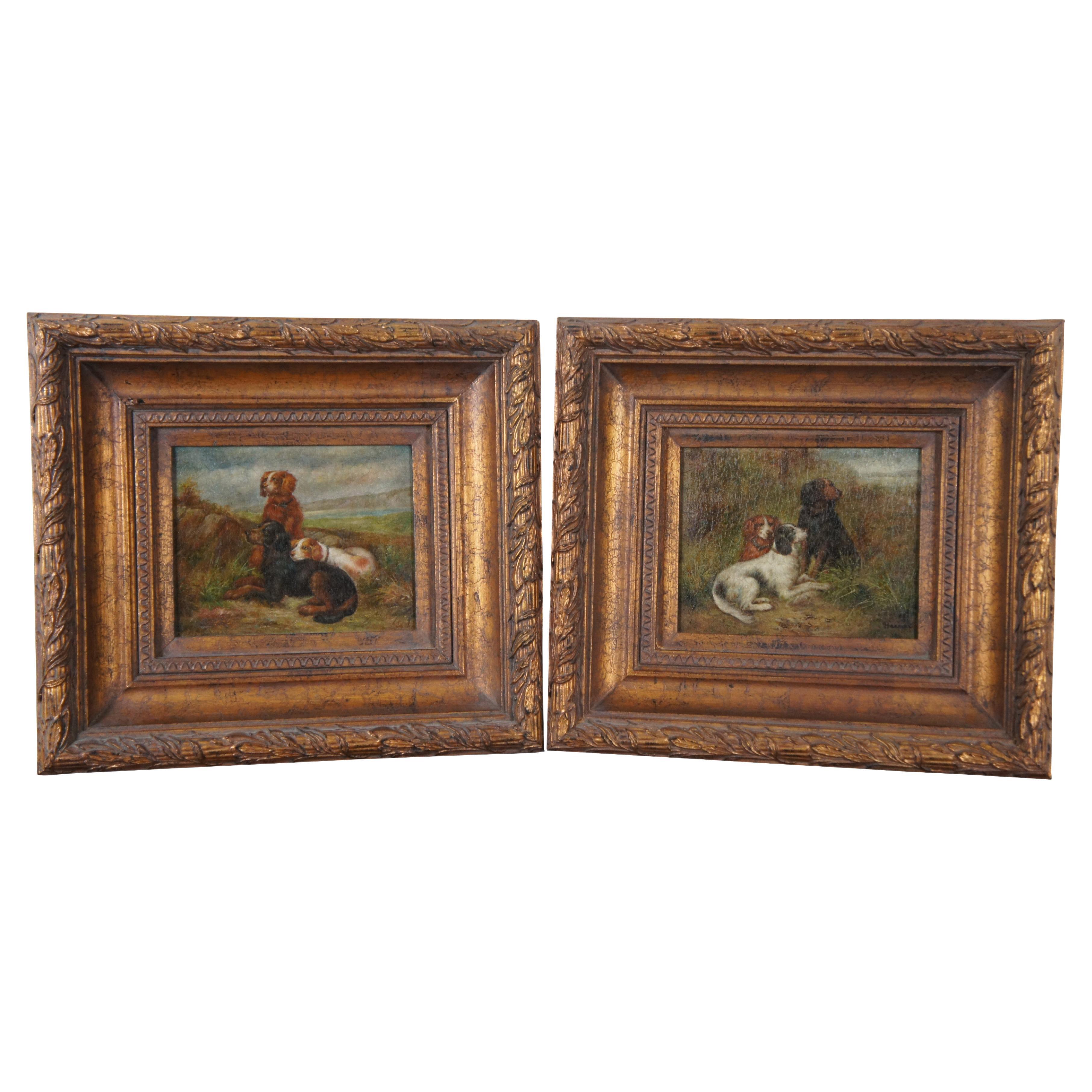 2 Vintage Spaniel Dog Portrait Oil Paintings on Canvas Gold Frames 20"