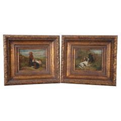 2 Vintage Spaniel Dog Portrait Oil Paintings on Canvas Gold Frames 20"