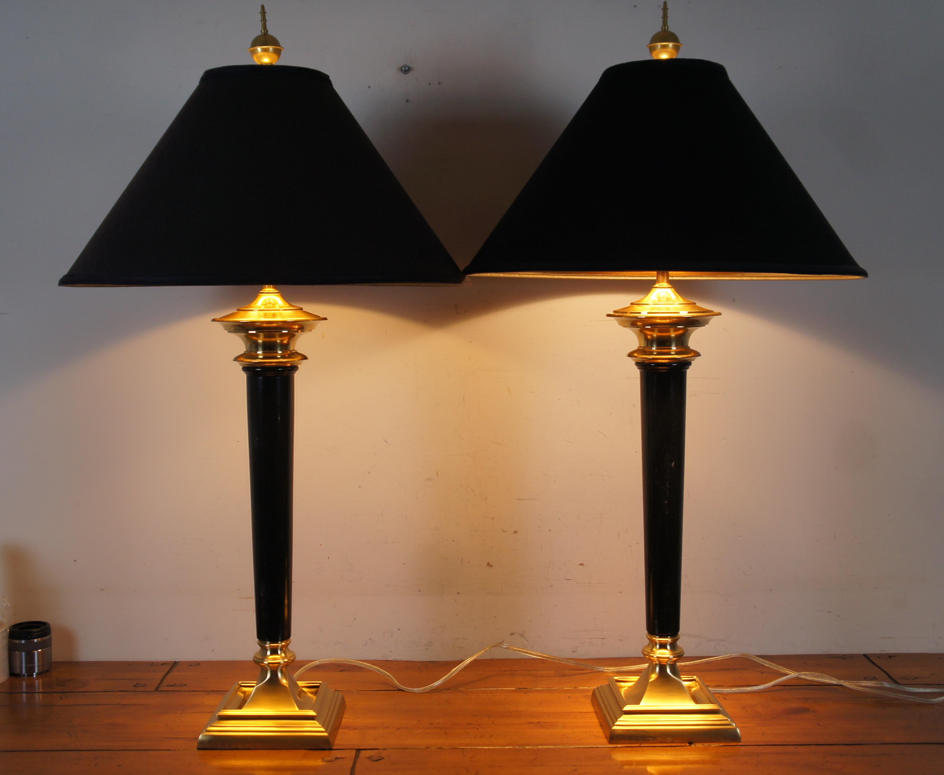 2 Vintage Speer American Empire Black Marble & Brass Table Lamps Torch Horn Pair 7