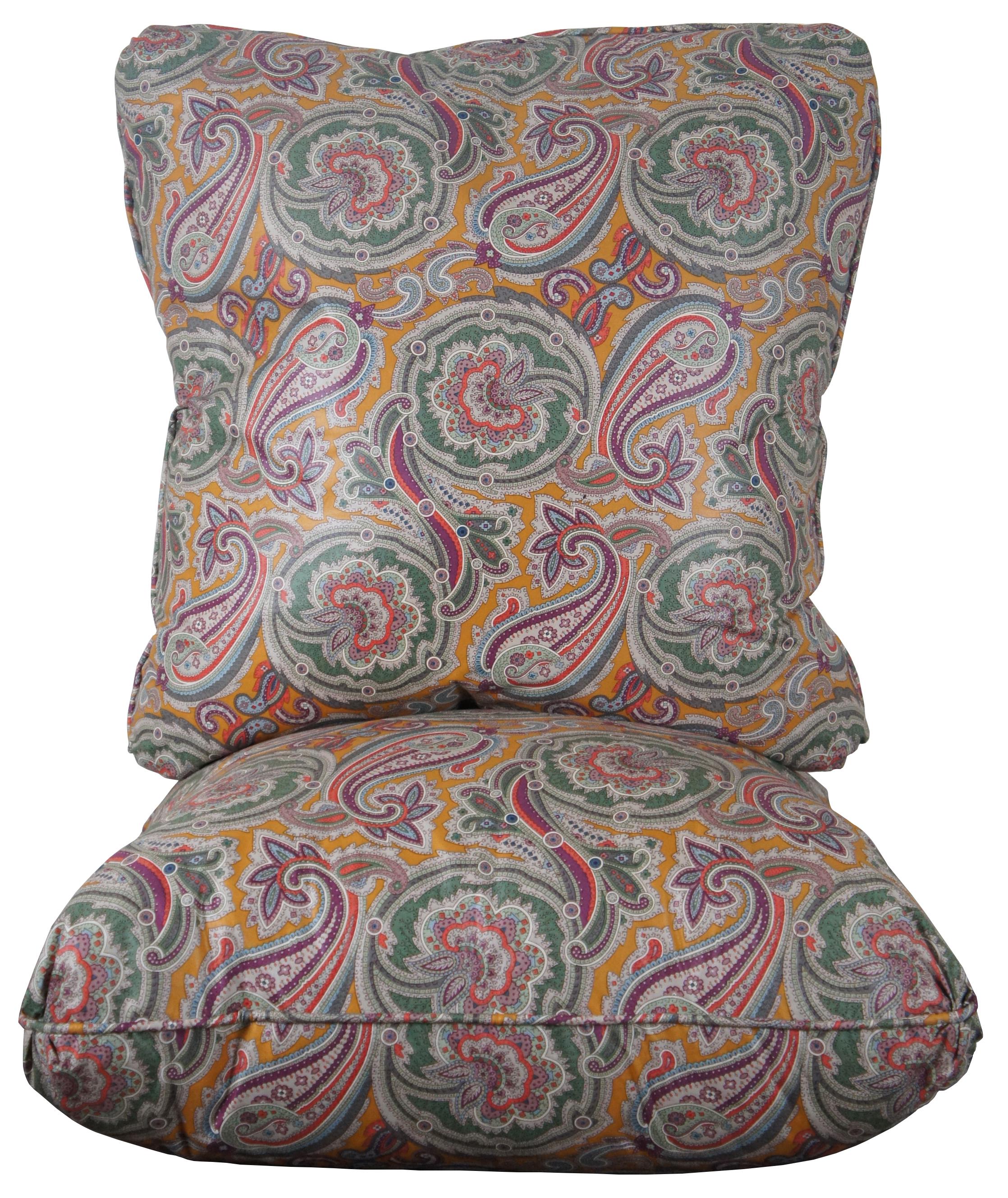 Pair of large down filled throw pillows covered in green, yellow, purple and pink floral paisley fabric. Measure: 20