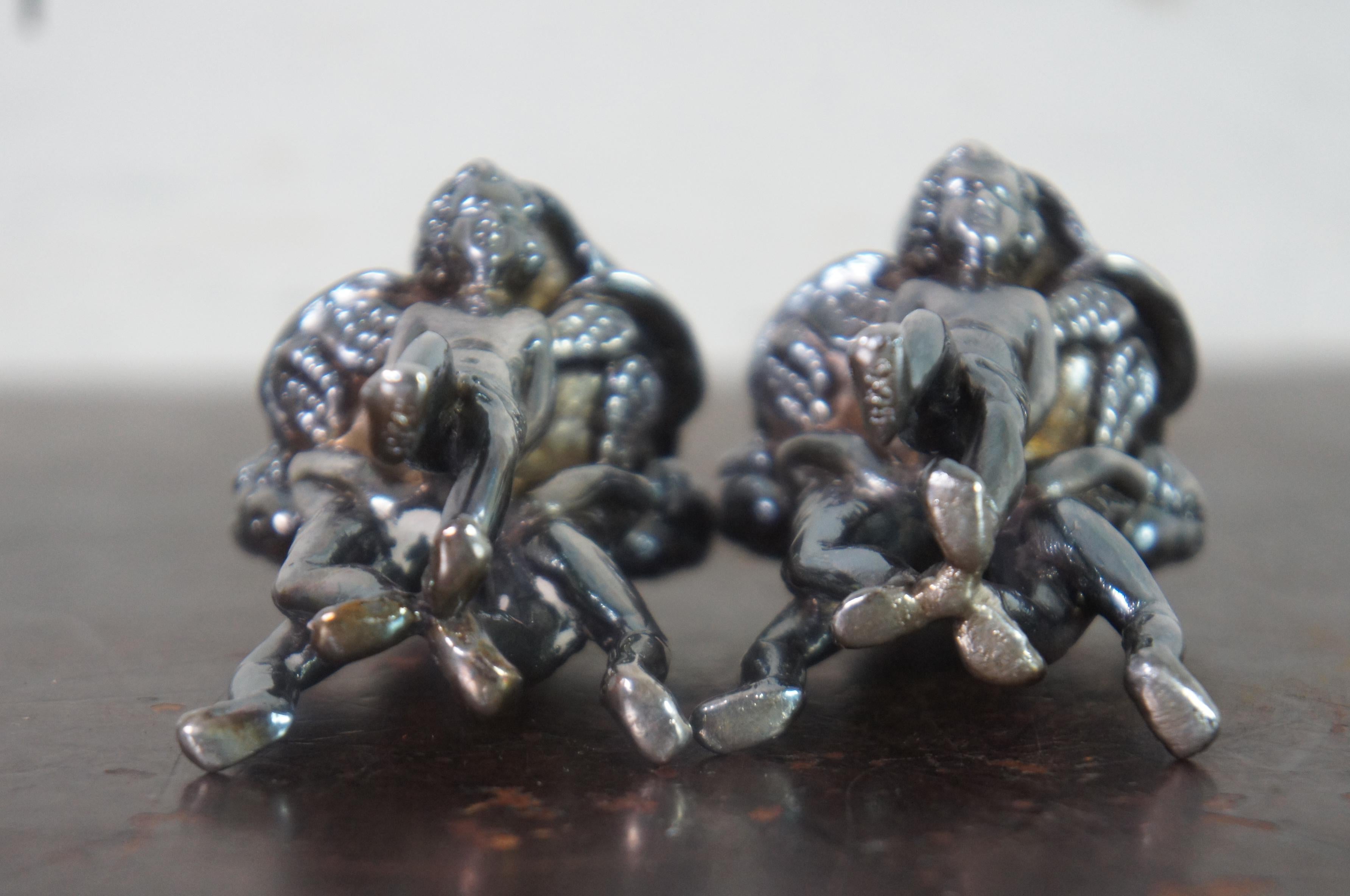 20th Century 2 Vintage Sterling Silver 925 Cherub Angel Putti Rose Taper Candle Holders 2.5
