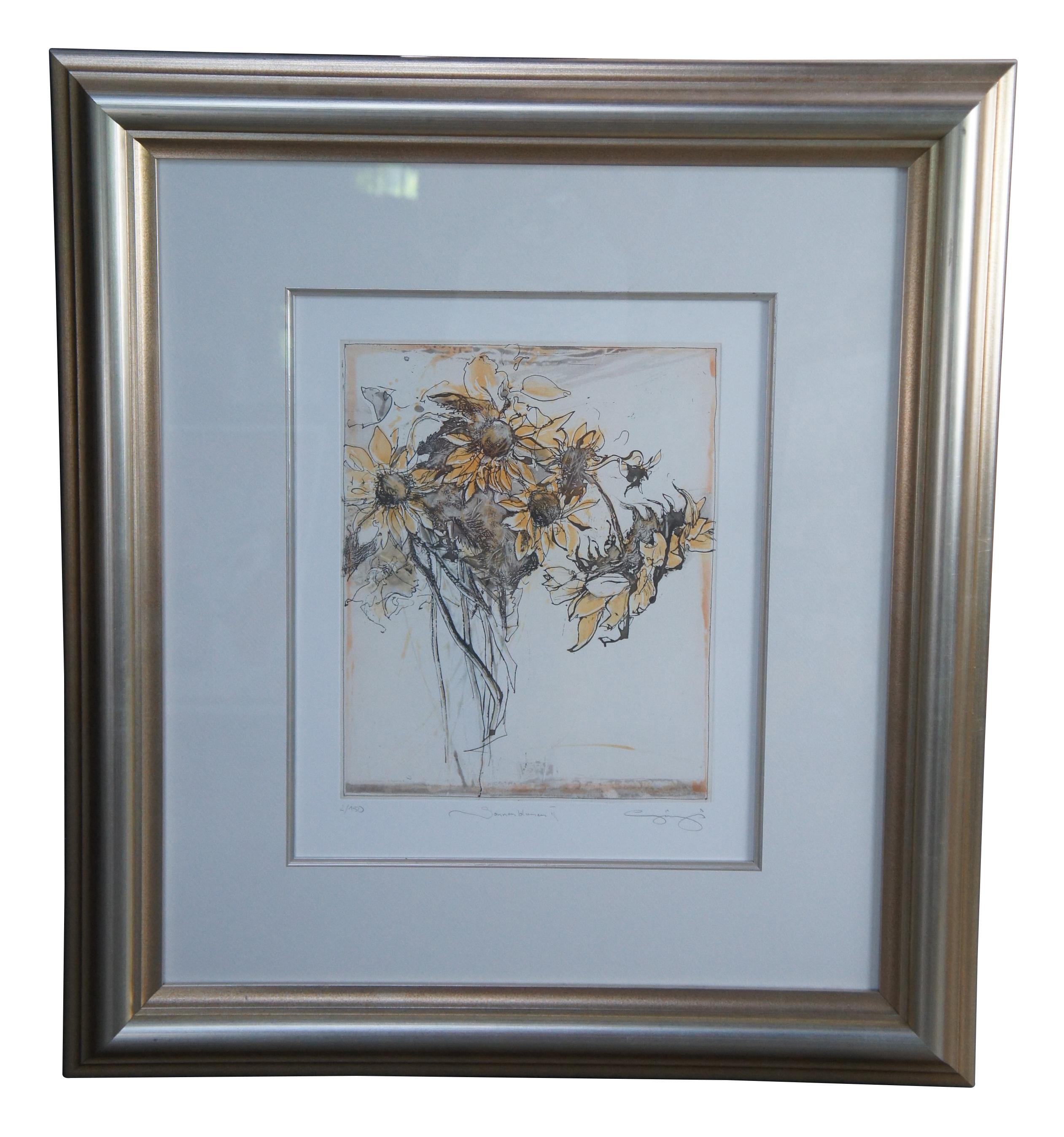 2 Vintage Summer Bloom Pencil Signed Botanical Sunflower Lithographs In Good Condition For Sale In Dayton, OH