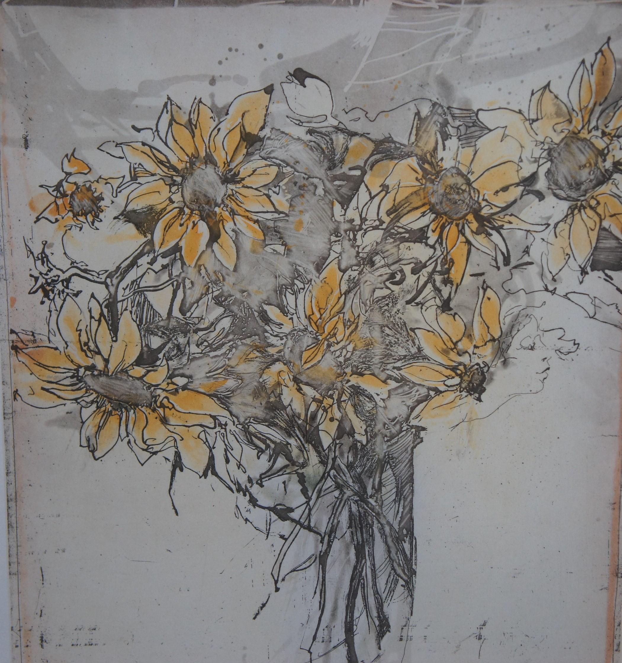 2 Vintage Summer Bloom Bleistift signierte botanische Sonnenblumen-Lithographien 35