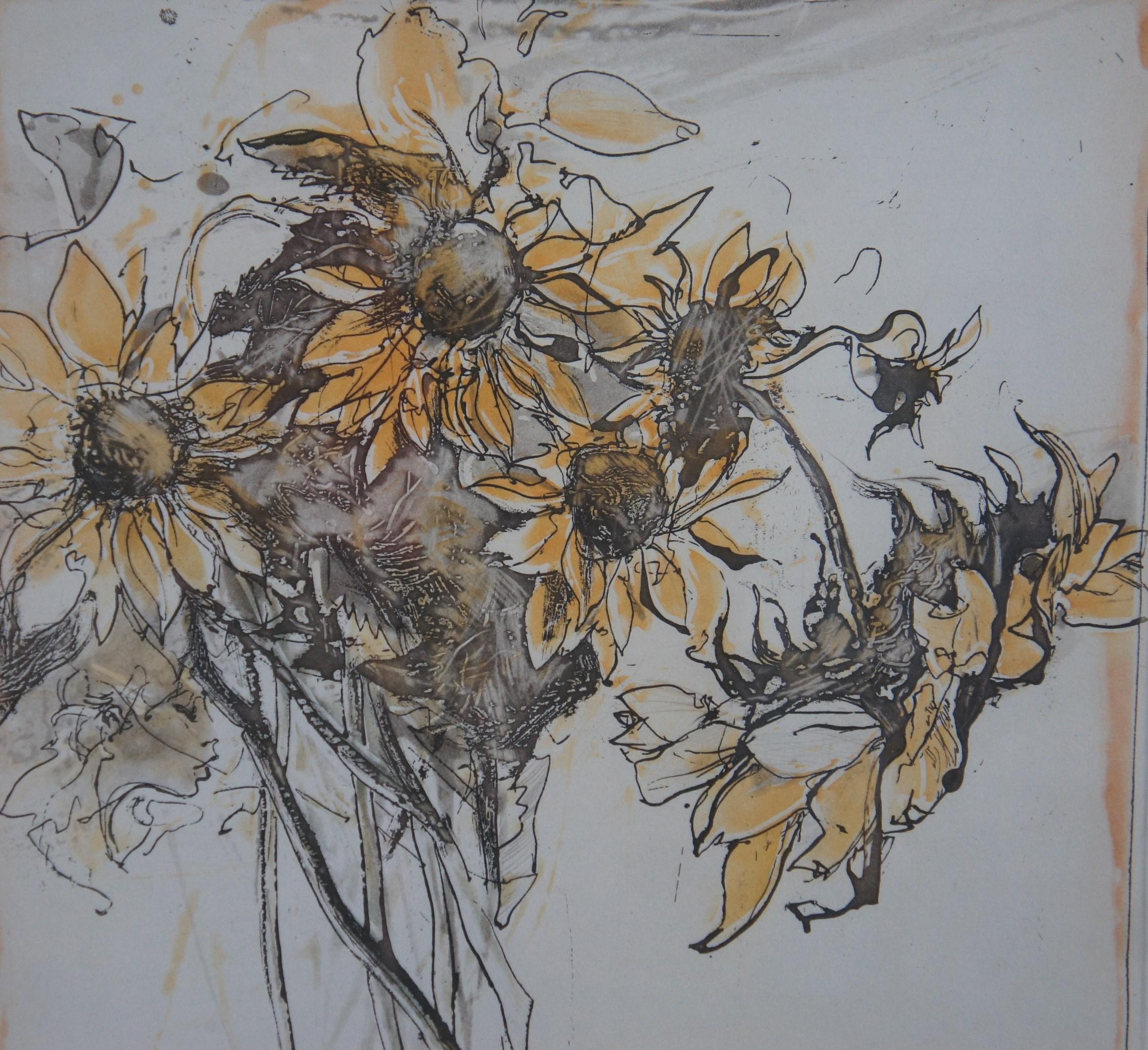 2 Vintage Summer Bloom Bleistift signierte botanische Sonnenblumen-Lithographien 35