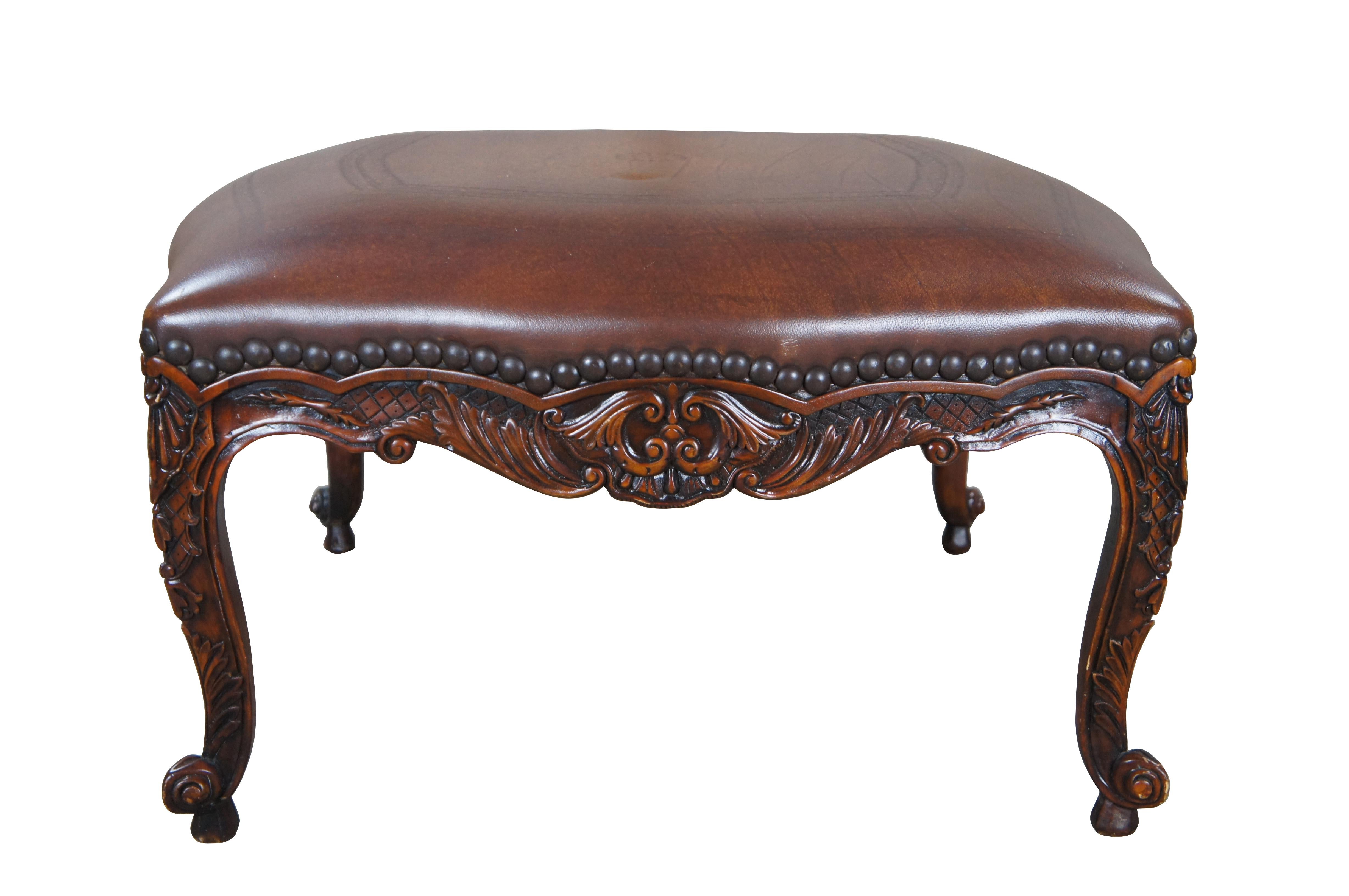 French Provincial 2 Vintage Theodore Alexander French Carved Mahogany Leather Ottomans Foot Stools For Sale