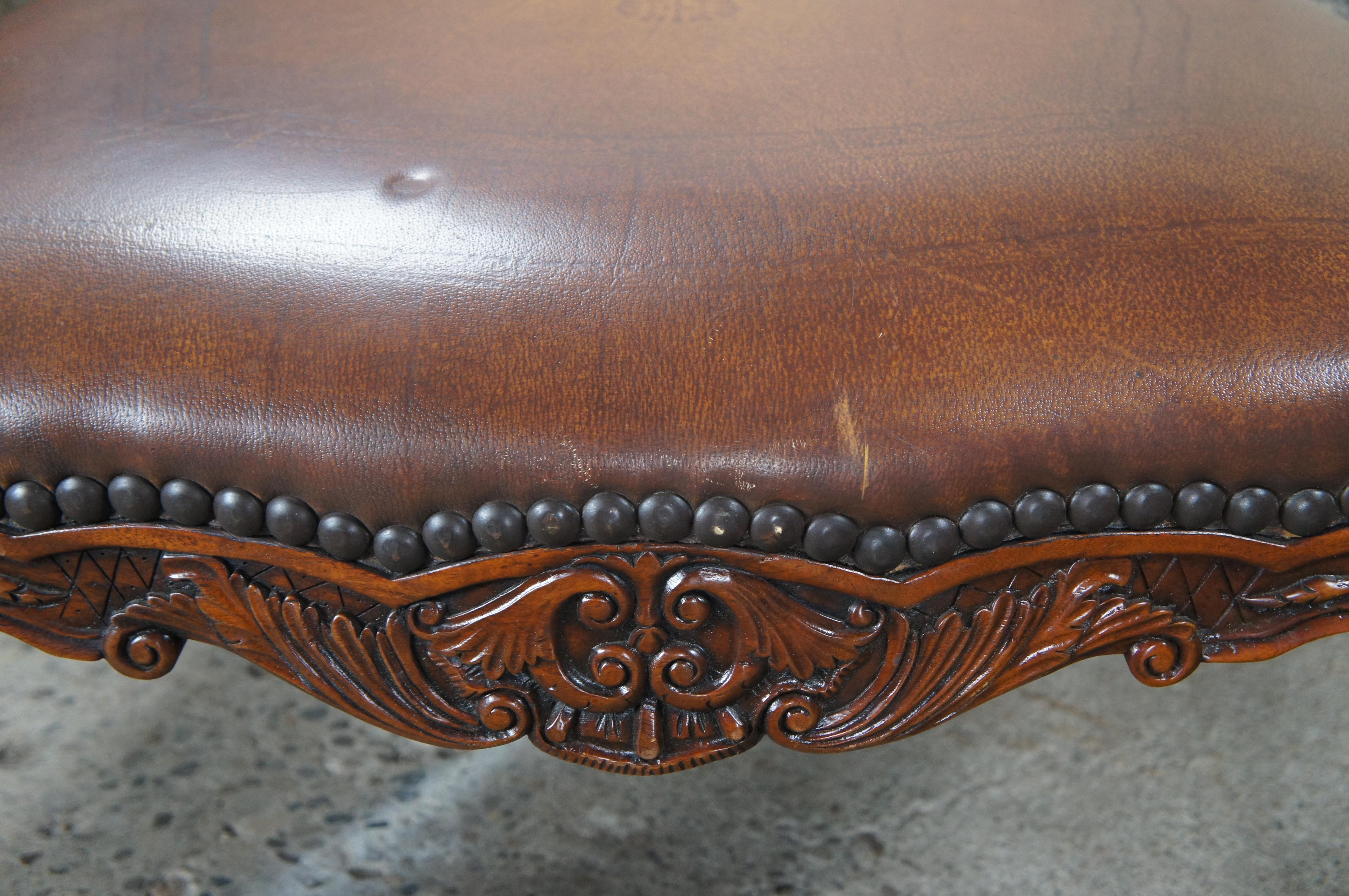 2 Vintage Theodore Alexander French Carved Mahogany Leather Ottomans Foot Stools In Good Condition For Sale In Dayton, OH