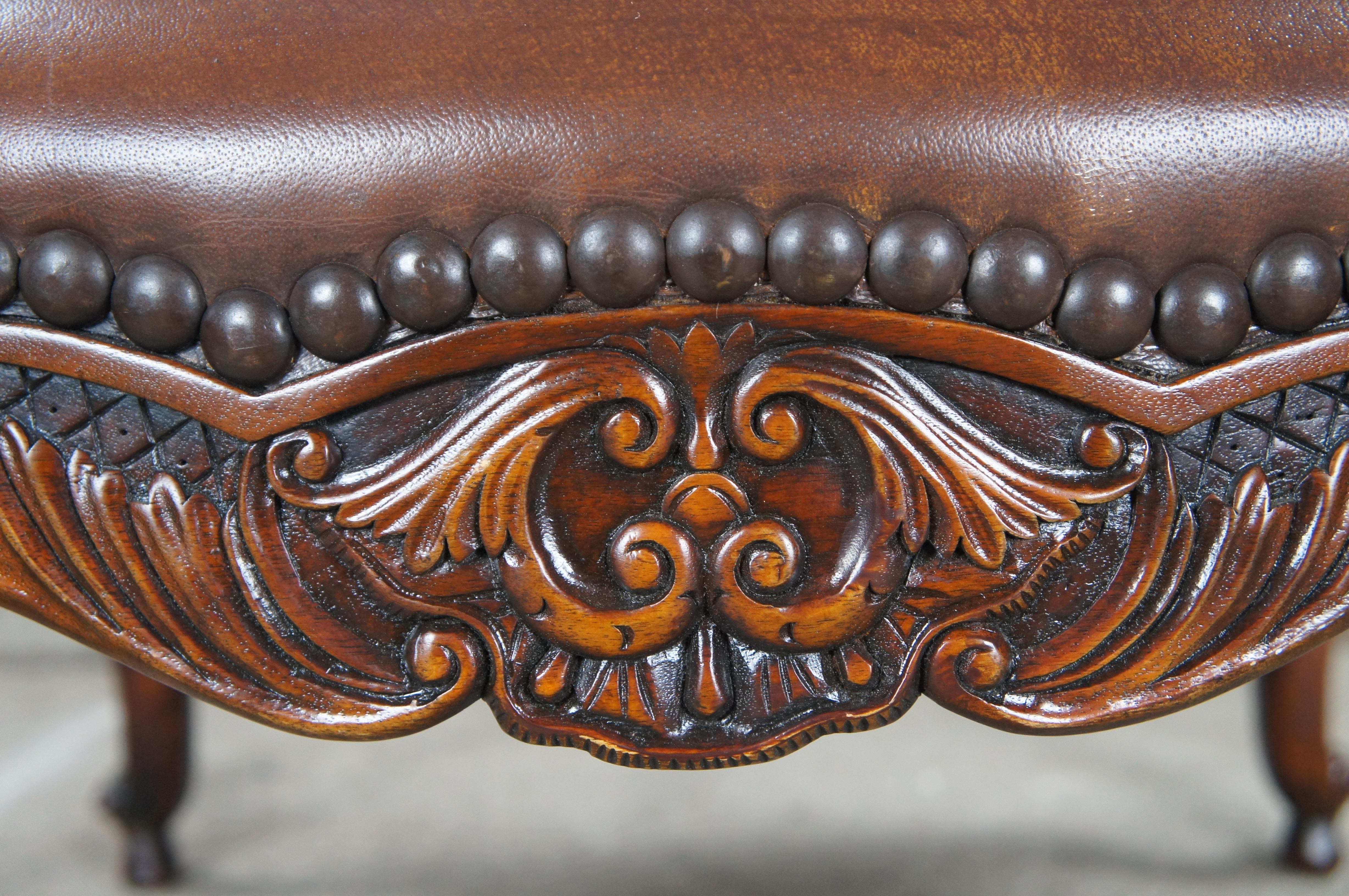 2 Vintage Theodore Alexander French Carved Mahogany Leather Ottomans Foot Stools For Sale 1