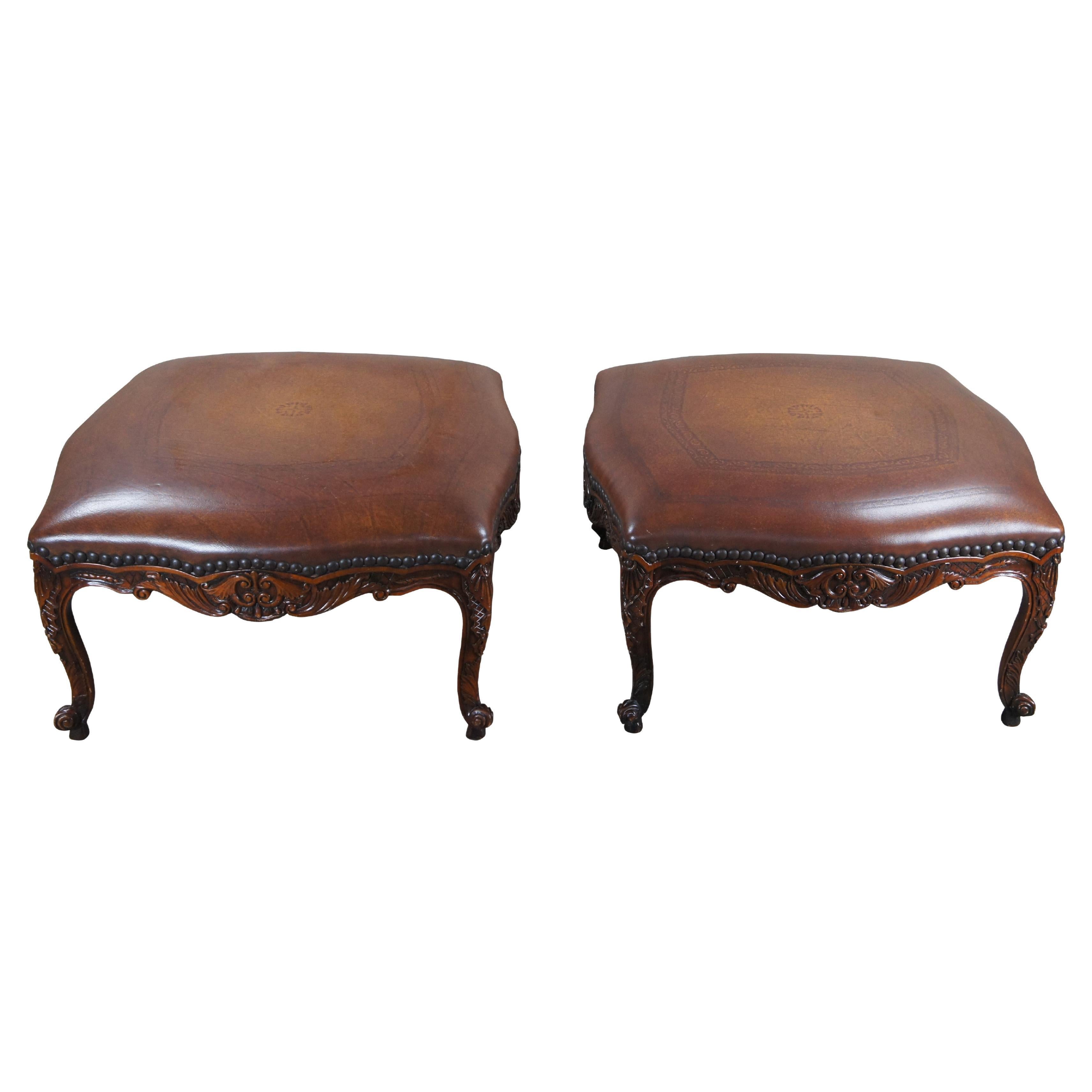 2 Vintage Theodore Alexander French Carved Mahogany Leather Ottomans Foot Stools For Sale