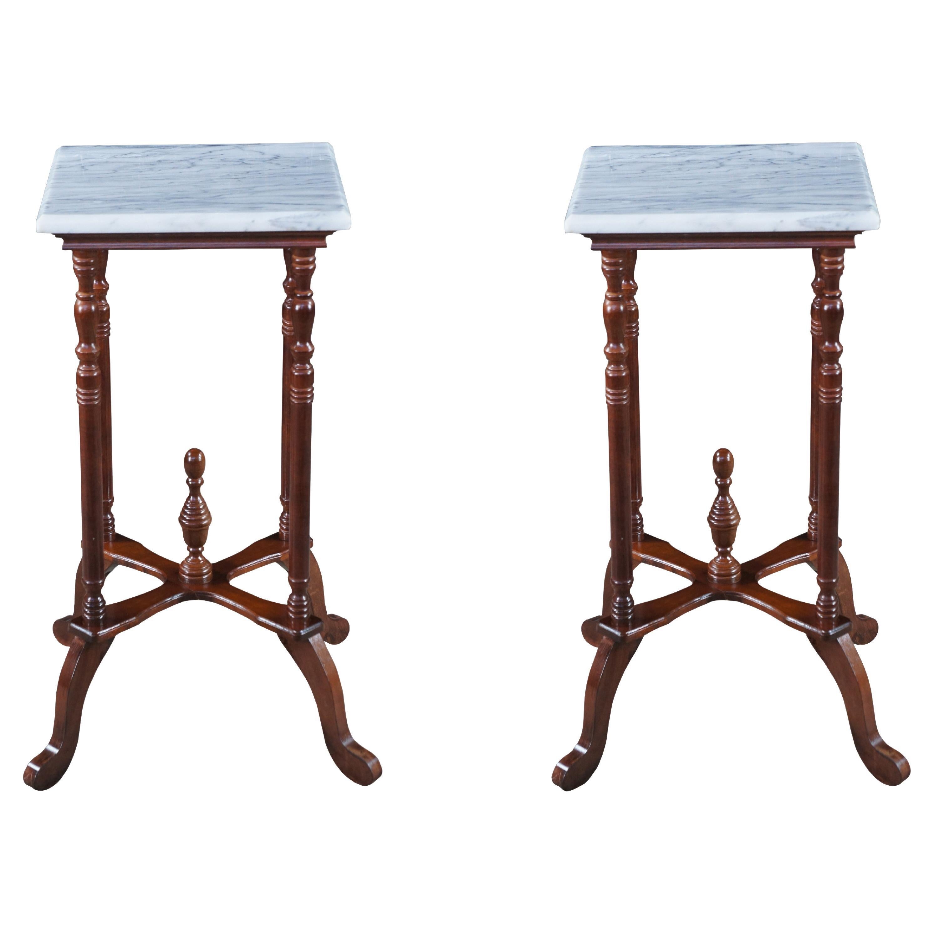 2 Vintage Victorian Revival Mahogany Marble Pedestal Tables Plant Stands 29"