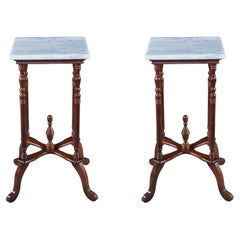 2 Retro Victorian Revival Mahogany Marble Pedestal Tables Plant Stands 29"