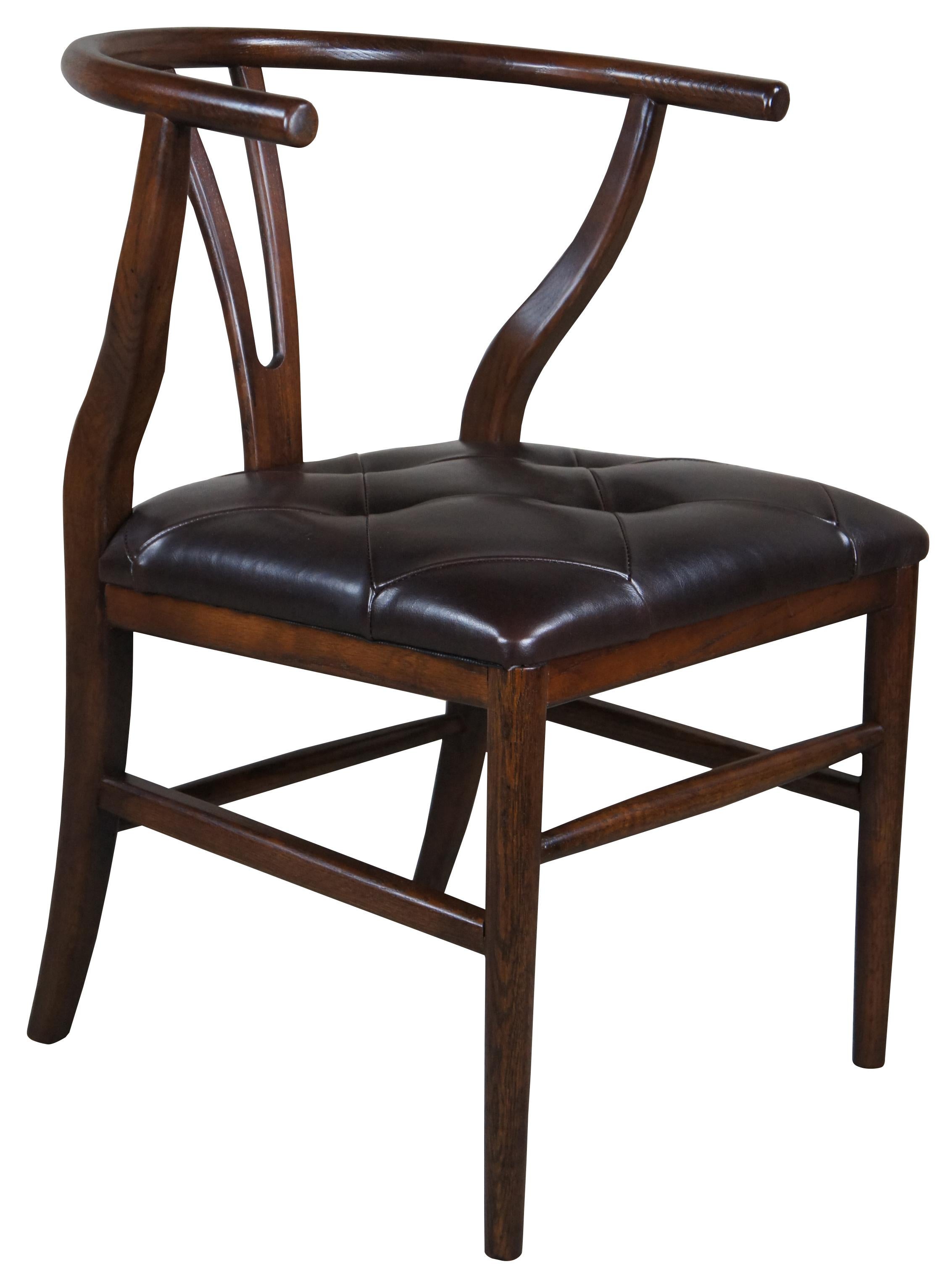 Mid-Century Modern 2 Vintage Walnut Horseshoe Wishbone Tufted Leather Dining Accent Arm Chairs