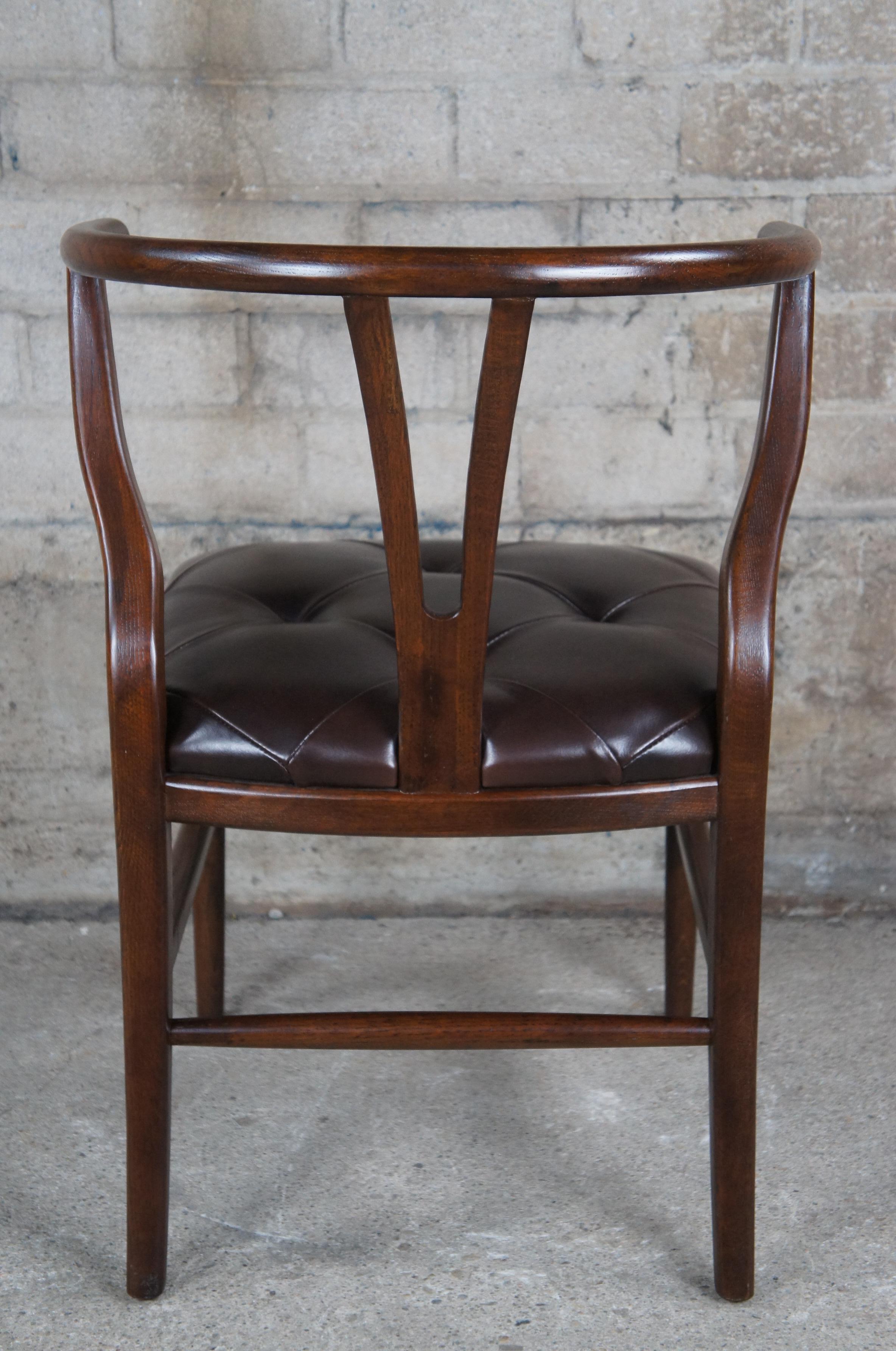 20th Century 2 Vintage Walnut Horseshoe Wishbone Tufted Leather Dining Accent Arm Chairs
