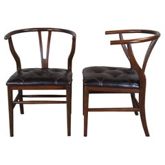 2 Vintage Walnut Horseshoe Wishbone Tufted Leather Dining Accent Arm Chairs