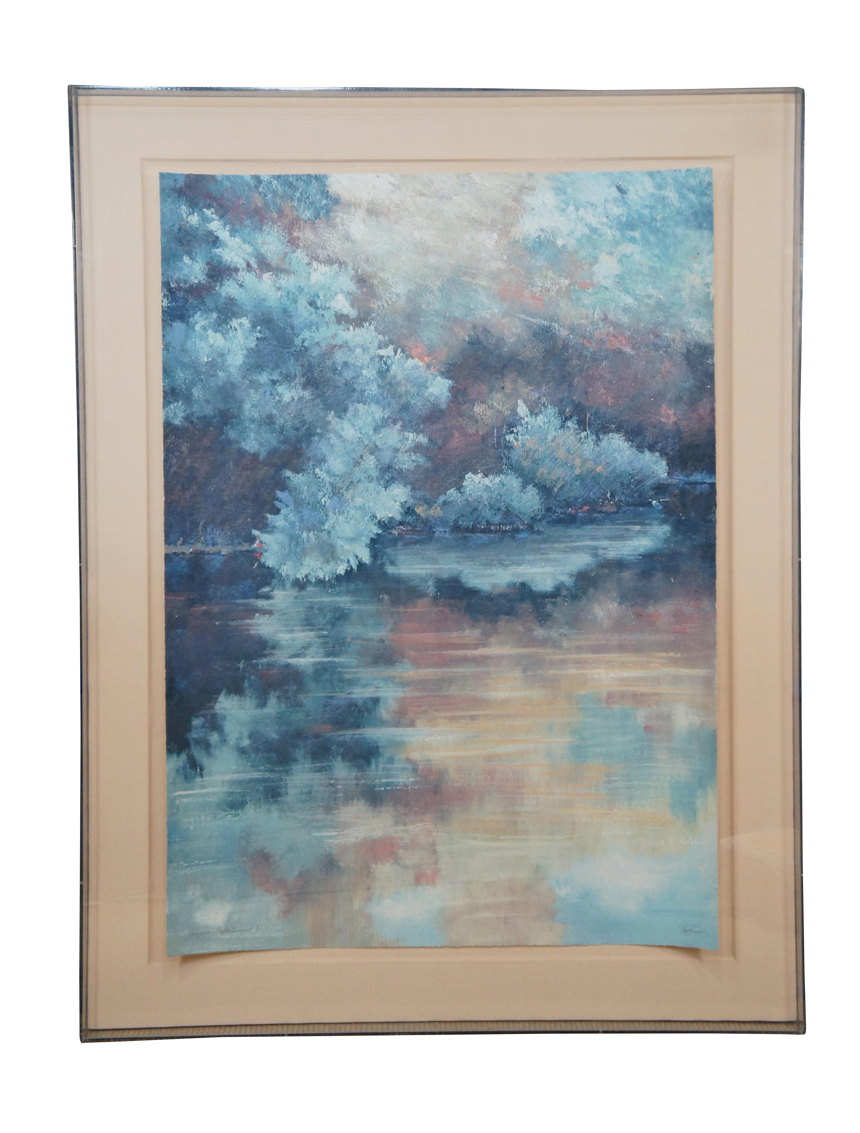 Pair of vintage large watercolor paintings of impressionist style tree lined lakes titled Summer Reflections I and Summer Reflections II, pencil signed by artist Conthonts. Both mounted in acrylic shadowboxes.

Measures: 43” x 3” x 56” / Sans