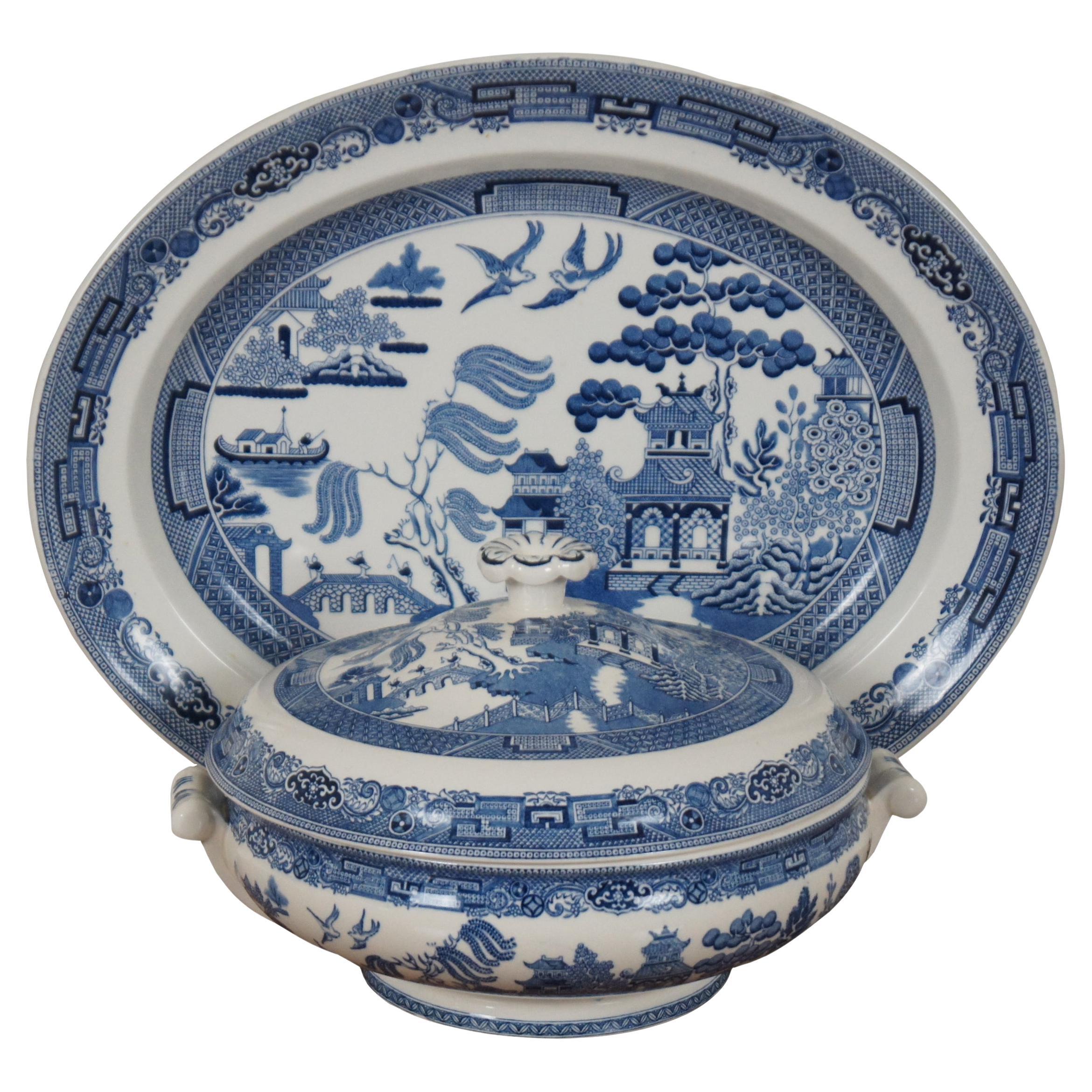 2 Vintage Wedgwood Porcelain Blue Willow Serving Platter & Casserole Dish