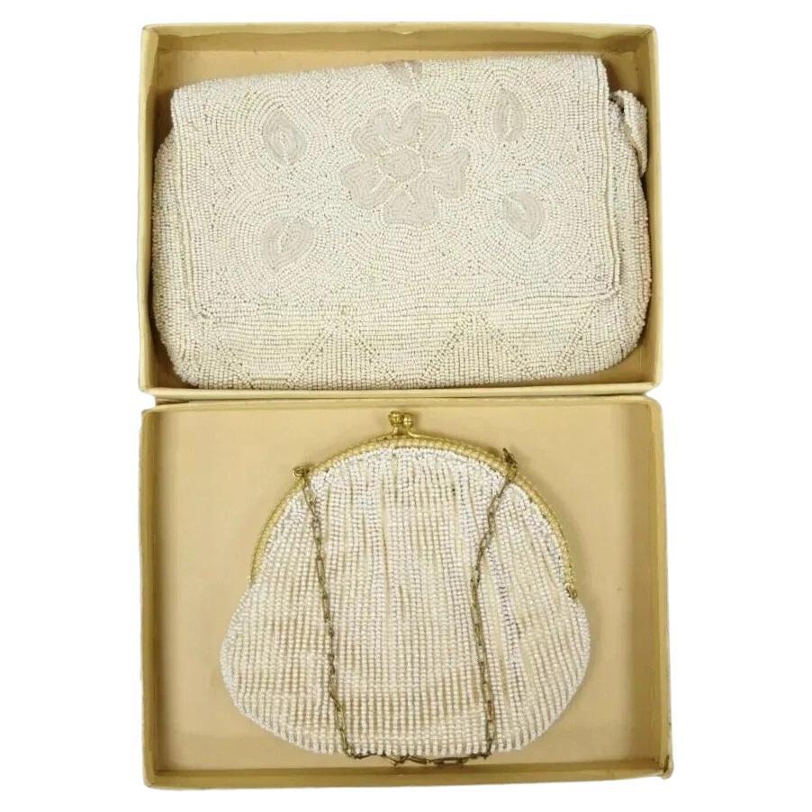 2 Vintage White Beaded Purse Clutch Coin Purse Pocketbook Belgium Lord & Taylor
