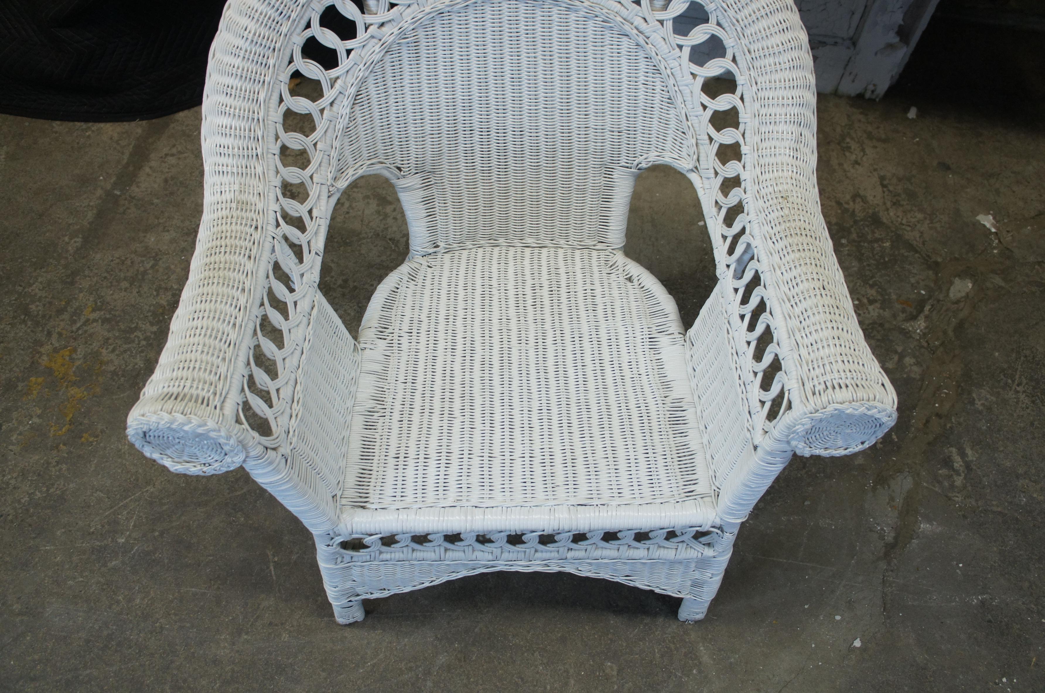 2 Vintage Wicker Bamboo Rattan Rolled Club Arm Chairs White Painted Boho Chic 2