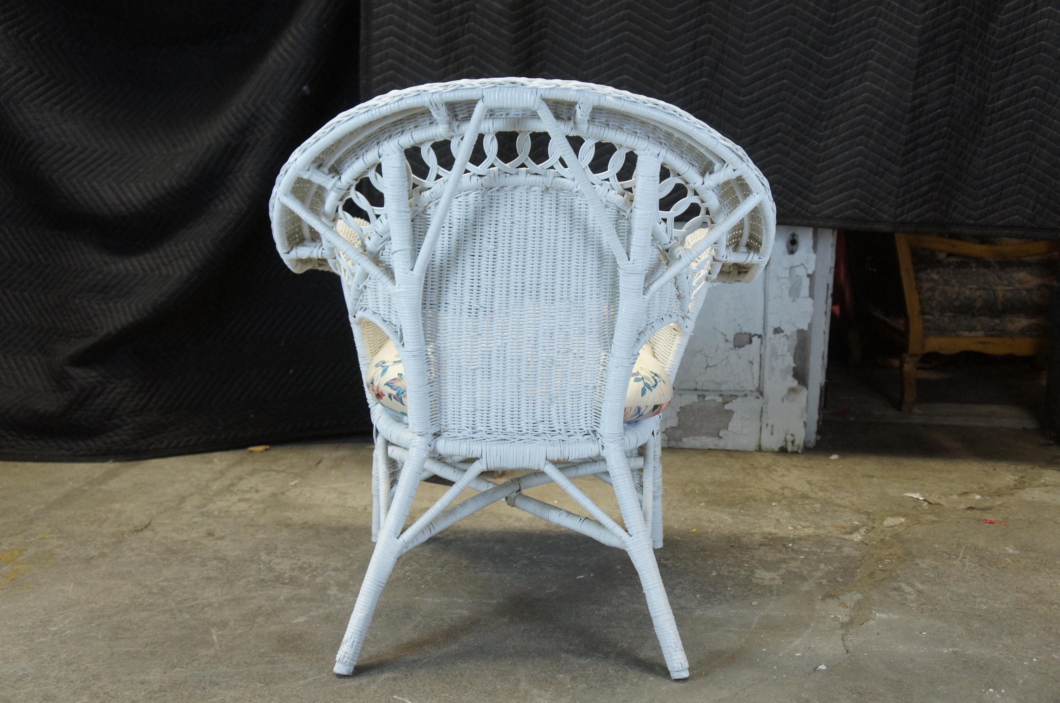 Bohemian 2 Vintage Wicker Bamboo Rattan Rolled Club Arm Chairs White Painted Boho Chic