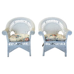 2 Vintage Wicker Bamboo Rattan Rolled Club Arm Chairs White Painted Boho Chic
