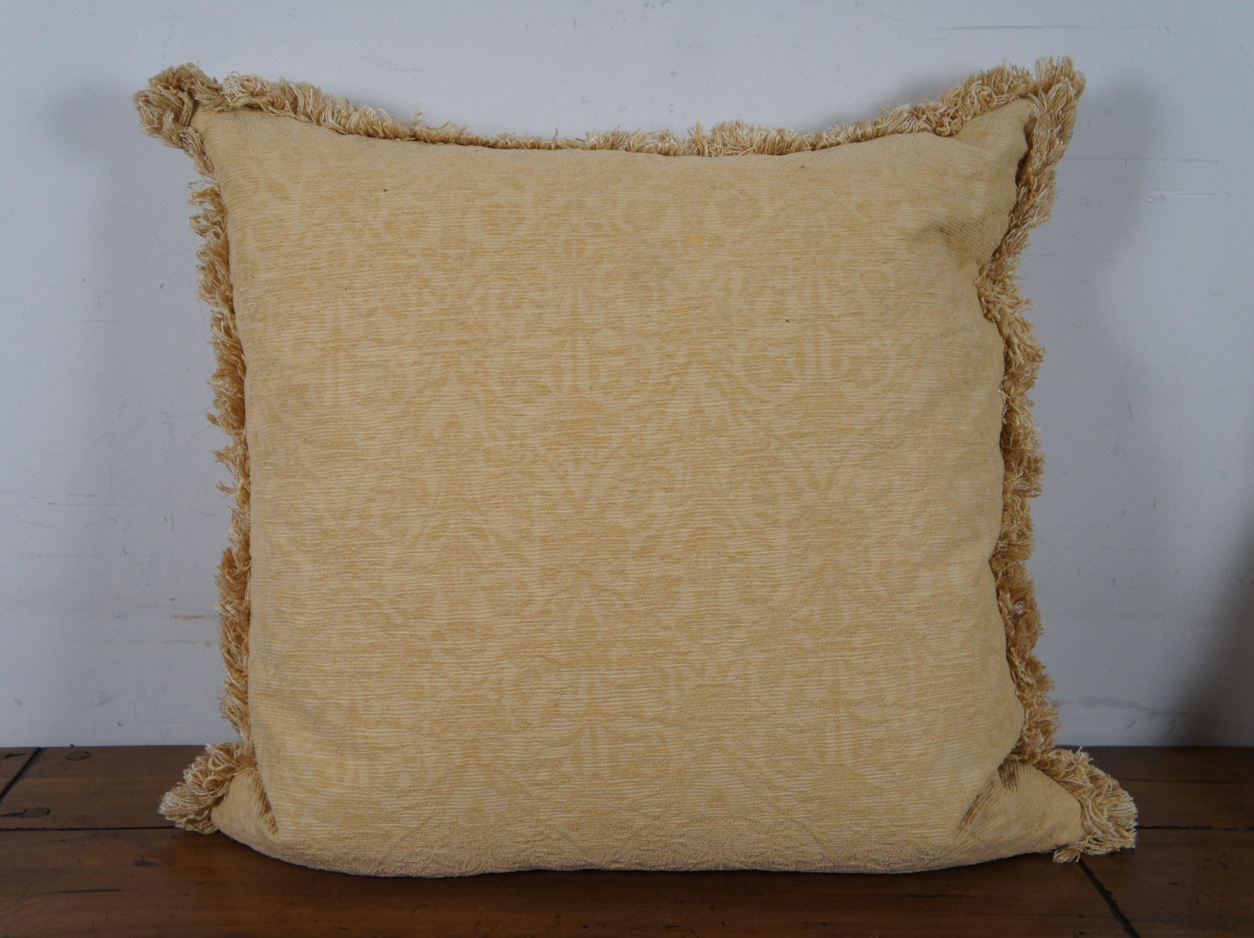 20th Century 2 Vintage Yellow Brocade Fringe Down Filled Lumbar Cushion Throw Pillows For Sale