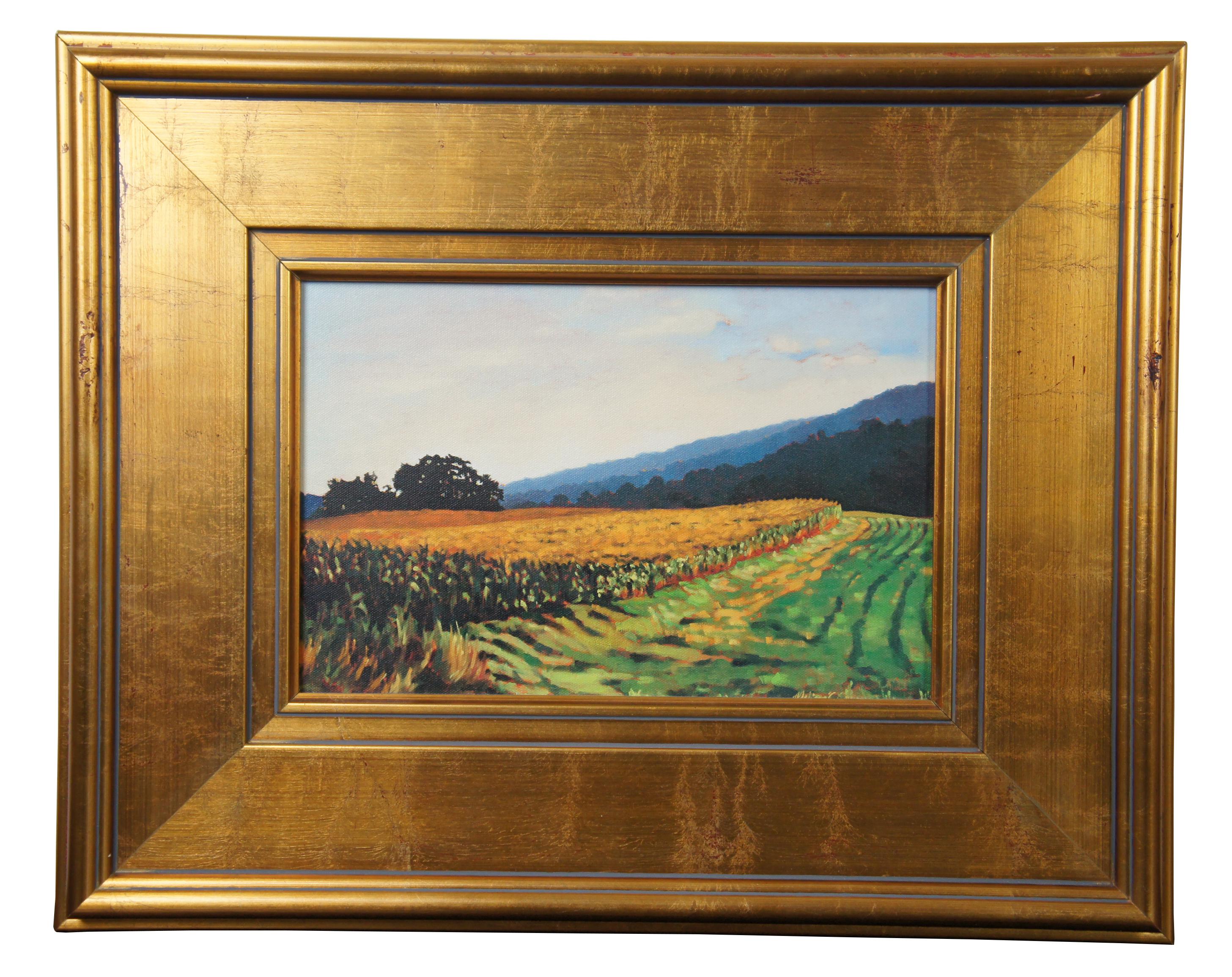 2 Virginia landscape field of wheat oil paintings on canvas signed gold frame.

Pair of 20th century landscape paintings. Colorful rural scenes of farmland and fields of wheat. Artist unknown, local to Virginia.

Sans Frame - 11.25” x 7.5”