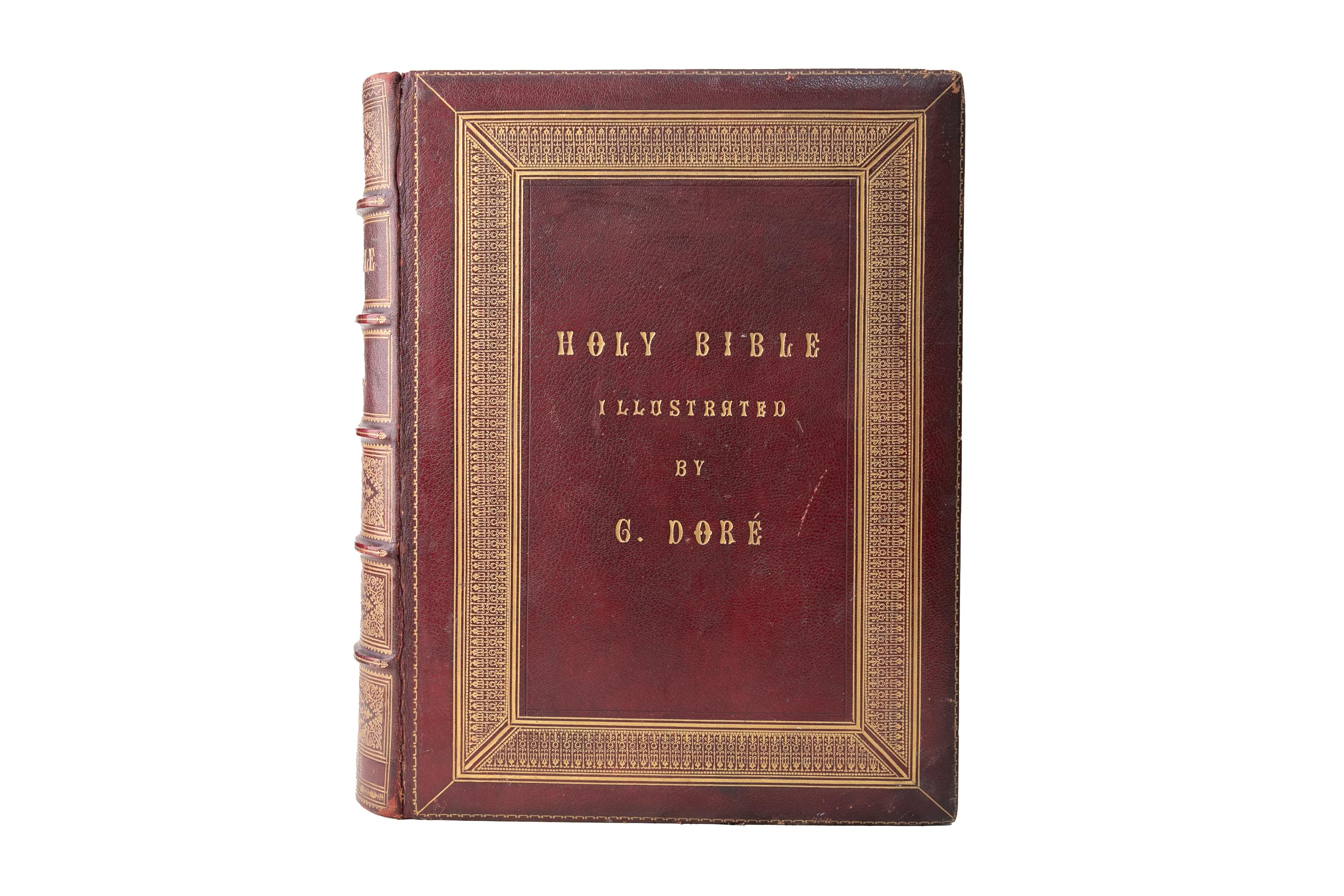 2 Vols. (Anon) The Holy Bible. Illustrated by Gustave Dore. Bound in full red morocco, all edges gilt, raised bands, ornate gilt on spines and covers, marbled endpapers. Covers neatly rehinged. Thick Folios. Published: London: Cassell, Petter &