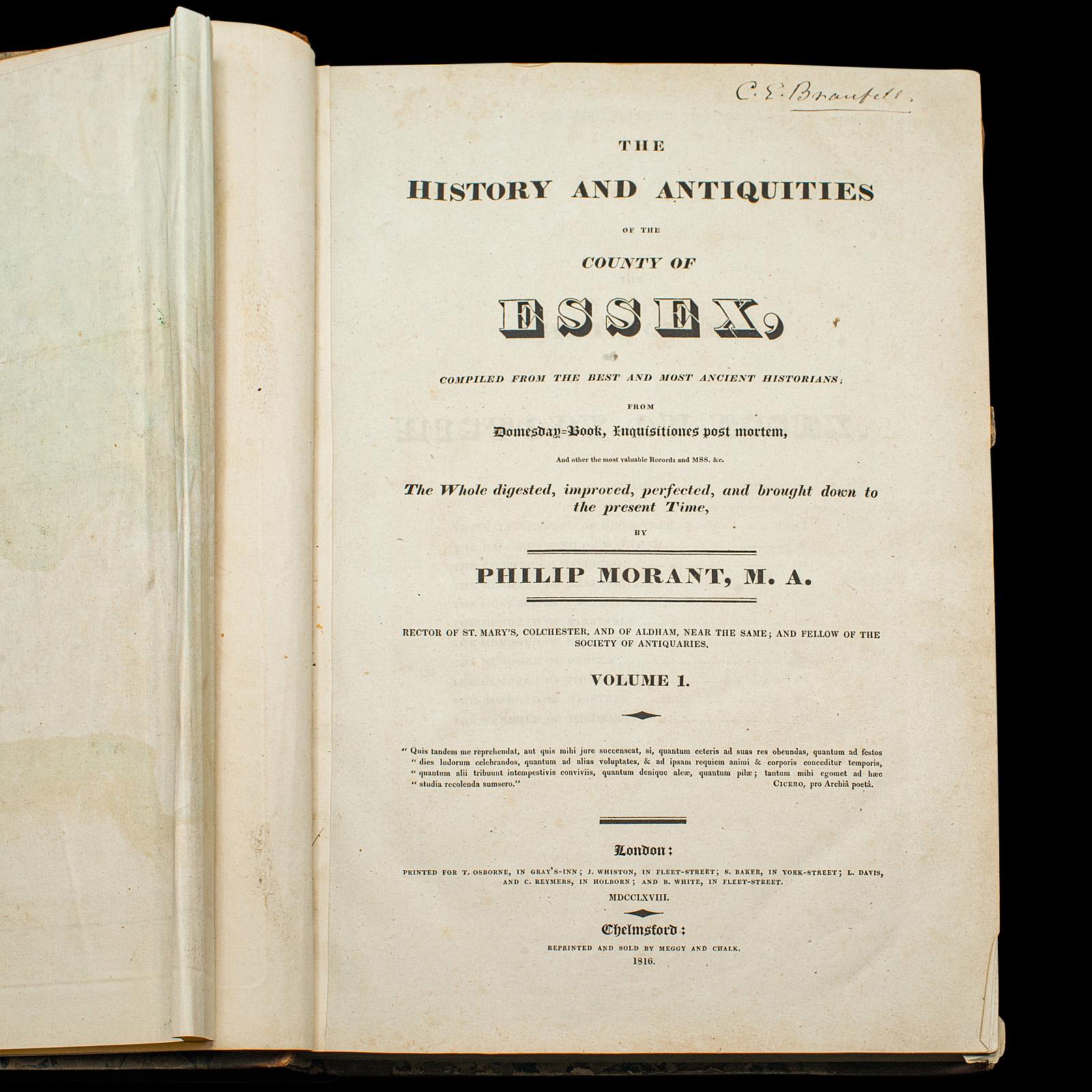 British 2 Vols Antique Book, Morant's History Of Essex, English, County Reference, 1816 For Sale