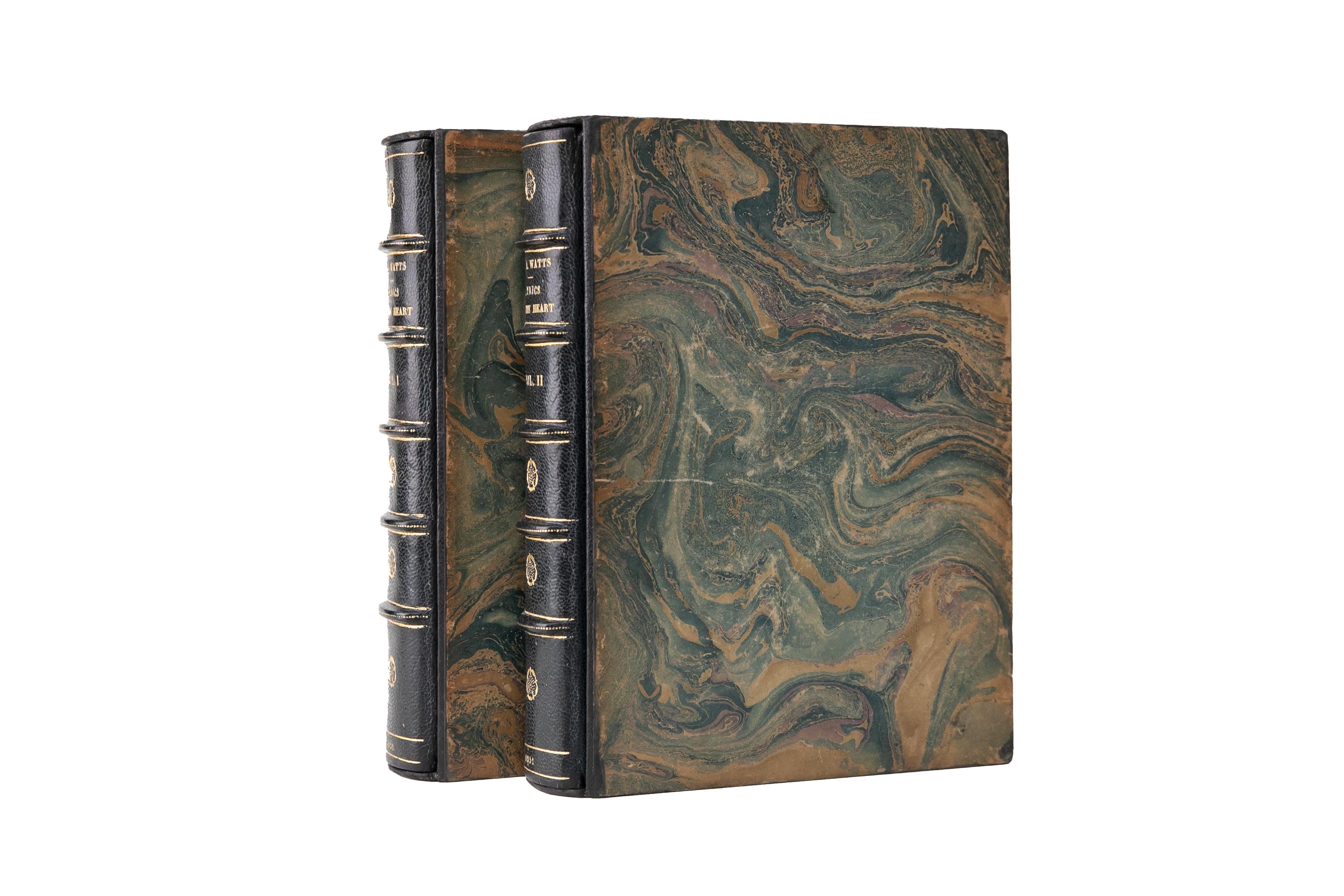 2 Volumes, Alaric A. Watts, Lyrics of the Heart and Other Poems. Limited Edition. Bound in full blue morocco with the raised band spines displaying gilt-tooling. Top edges gilt. Brown morocco doublures with pink inlay flowers and gilt-tooled