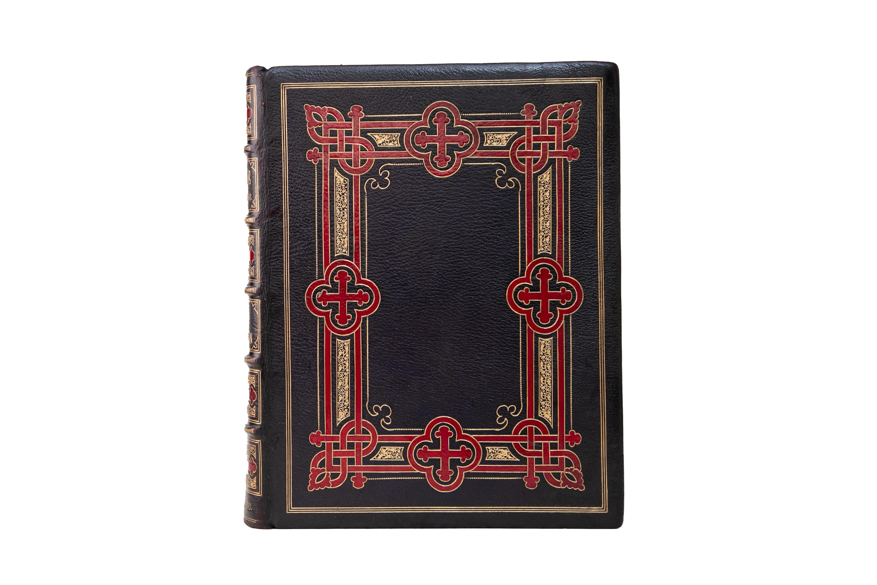 2 Volumes. (Anon) The Holy Bible. Bound in full navy morocco with the covers and raised band spines displaying ornate gilt-tooled and red morocco inlay detailing. All edges gilt with gilt-tooled turn-ins and marbled endpapers. Illustrated by Gustave