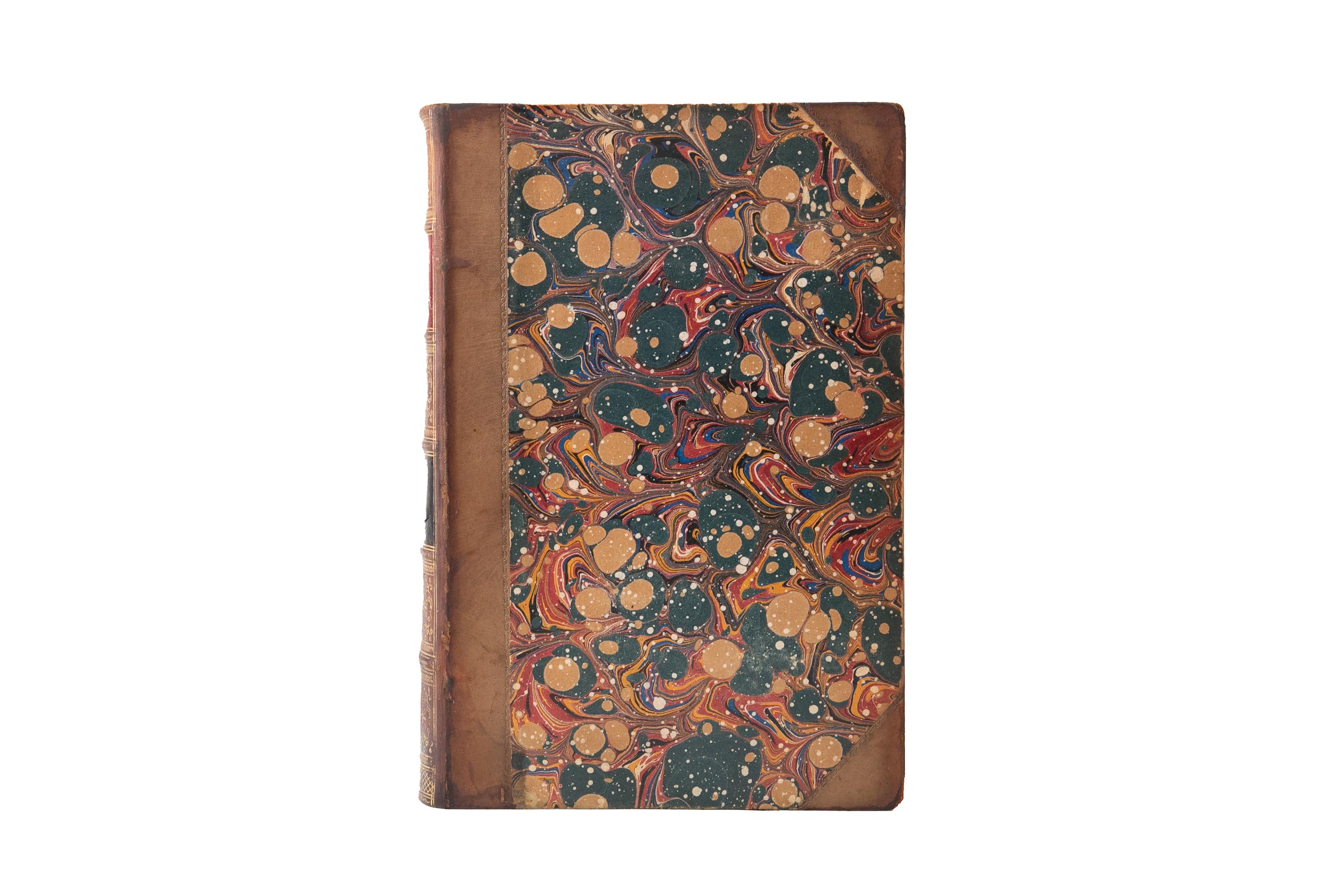 2 Volumes. B.J. Lossing, Pictorial Fieldbook of the Revolution. Bound in 3/4 tan calf and marbled boards. Raised band spines gilt-tooled with red and green morocco labels. All edged marbled with marbled endpapers. Illustrations by pen and pencil of