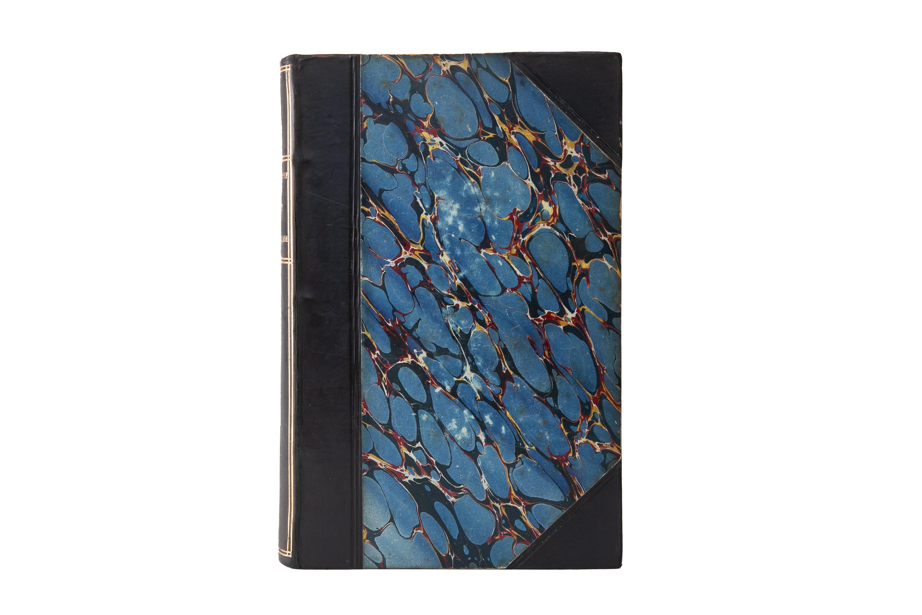 2 Volumes. Charles Macfarlane, Constantinople. Second Edition. Bound in 3/4 navy calf and marbled boards with the covers and spines displaying open and gilt-tooled detailing. All of the edges are marbled with marbled endpapers. Includes