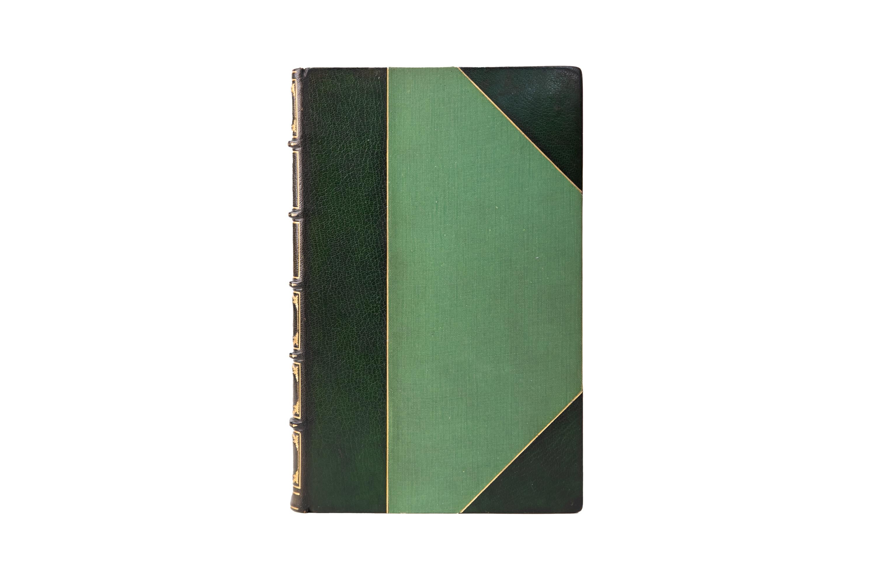 2 Volumes. Daniel Defoe, Robinson Crusoe. Bound in 3/4 green morocco and linen boards bordered in gilt-tooling. Raised band spines with gilt-tooled detailing. Top edges gilt with marbled endpapers. Embellished with engravings from designs by Thomas