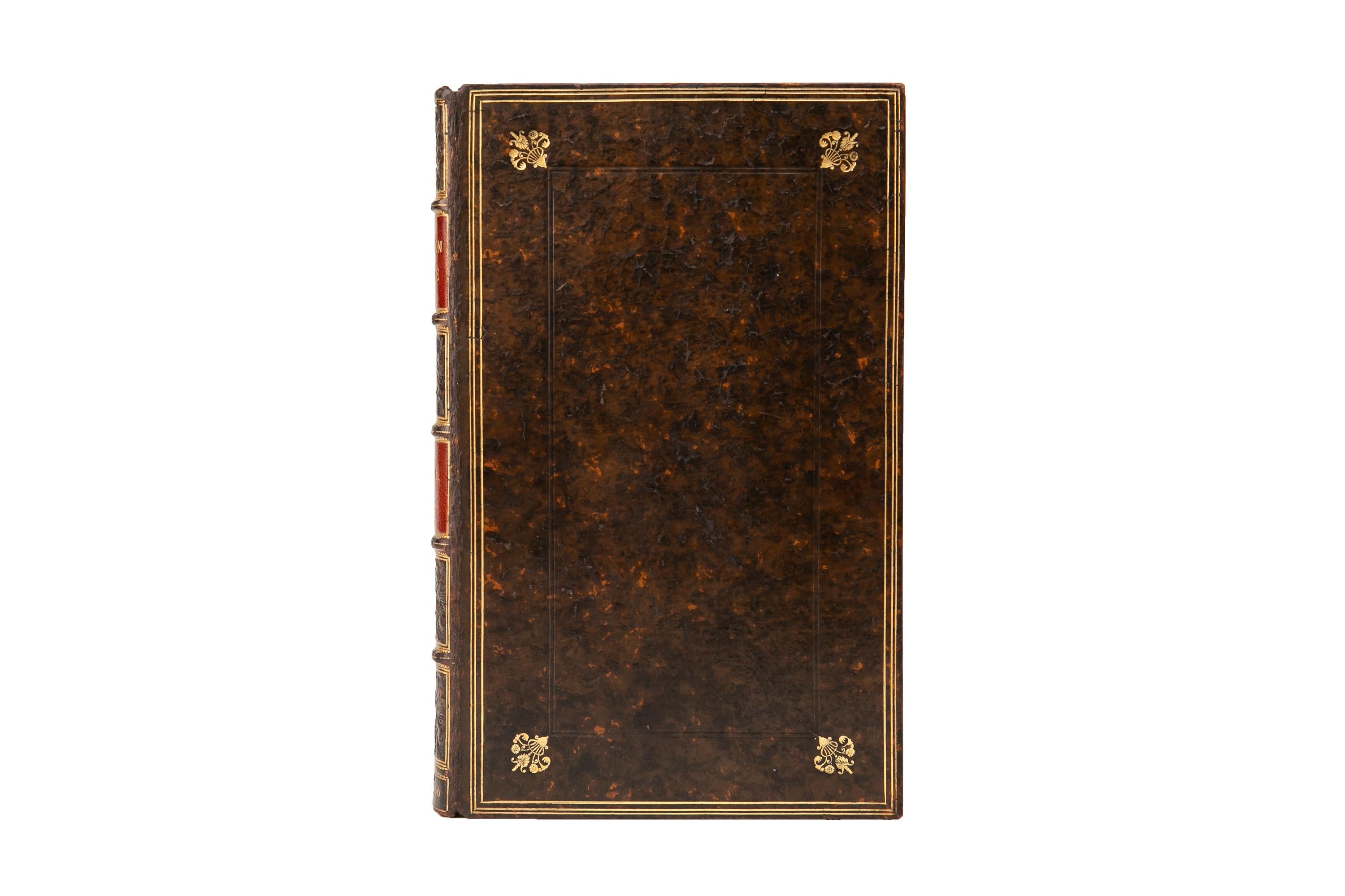 2 Volumes. Daniel Defoe, Robinson Crusoé. Relié par Morrell en plein veau marbré. Les couvertures et les dos à nerfs sont ornés de dorures et d'étiquettes en maroquin brun. Toutes les tranches sont dorées avec des dentelles dorées. Comprend une Vie