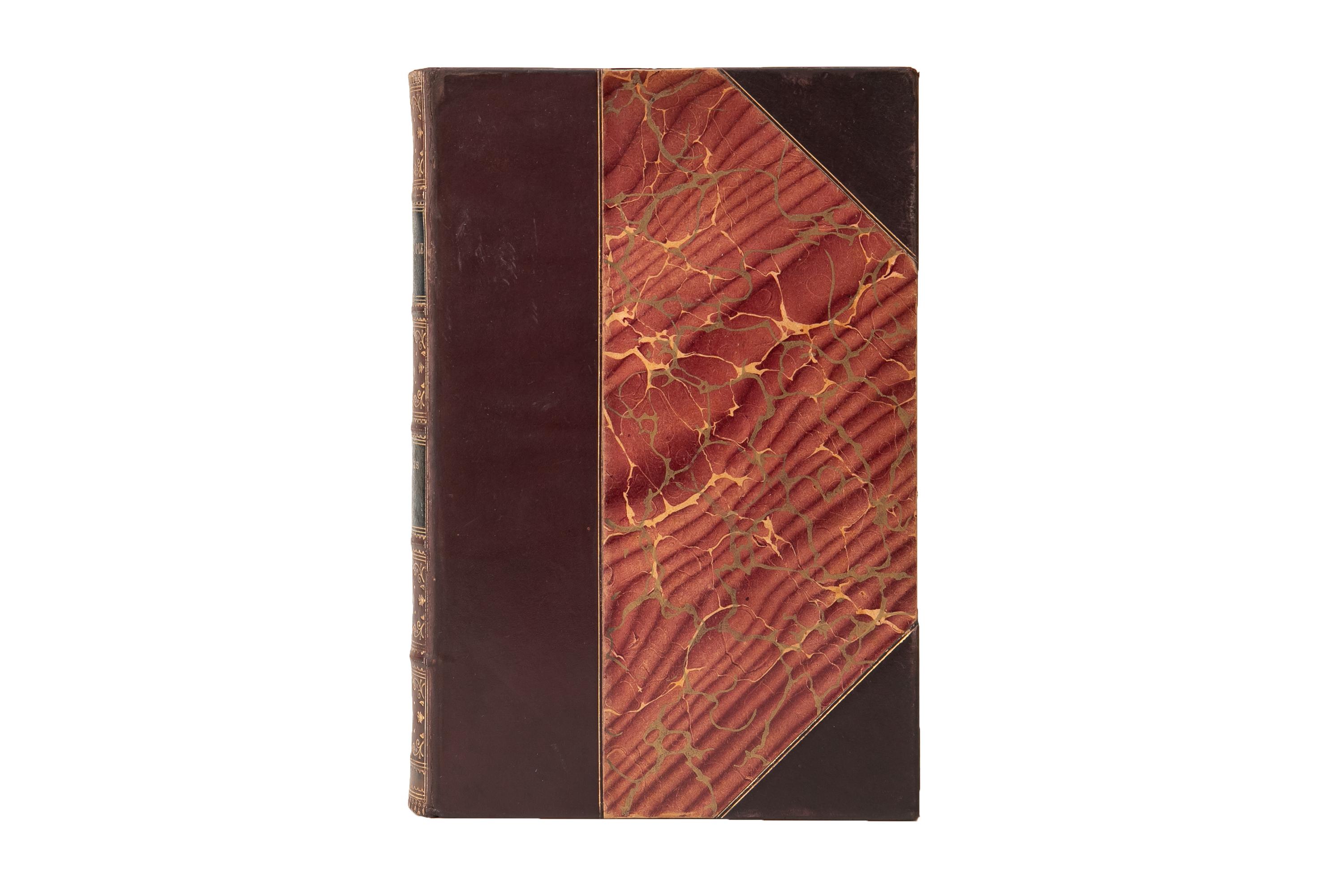 2 Volumes. Edmondo de Amicis, Constantinople. Reliure en 3/4 veau brun et plats marbrés. Les couvertures et les dos à nerfs présentent des détails dorés et des étiquettes en maroquin vert et noir. Les tranches supérieures sont dorées et les pages de