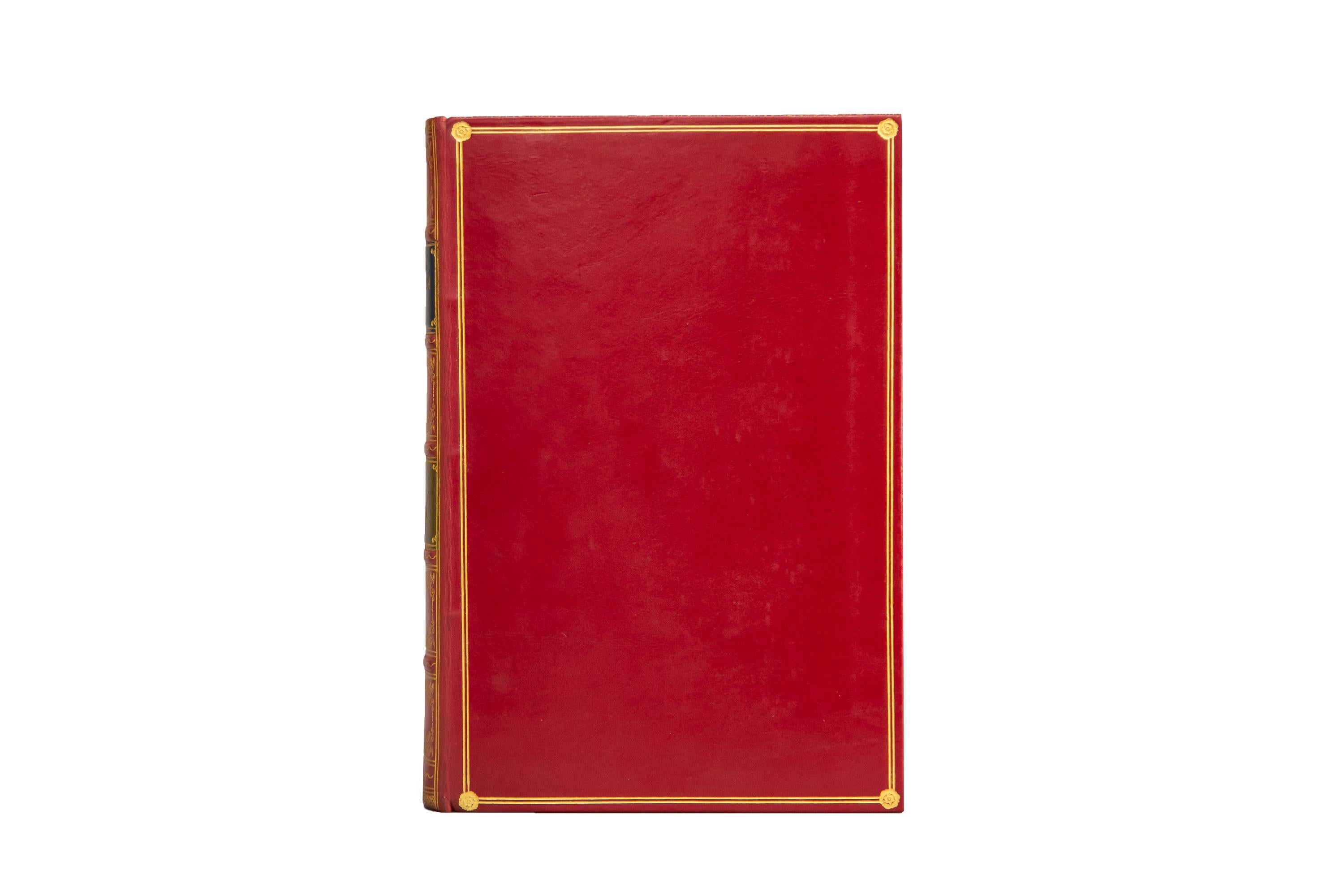 2 Volumes. Harvey Cushing, The Life of Sir William Osler. First edition. Bound in full red calf by Bayntun. The covers display gilt bordering with a small floral detail in each corner. Raised spine gilt with the title panels displaying blue and