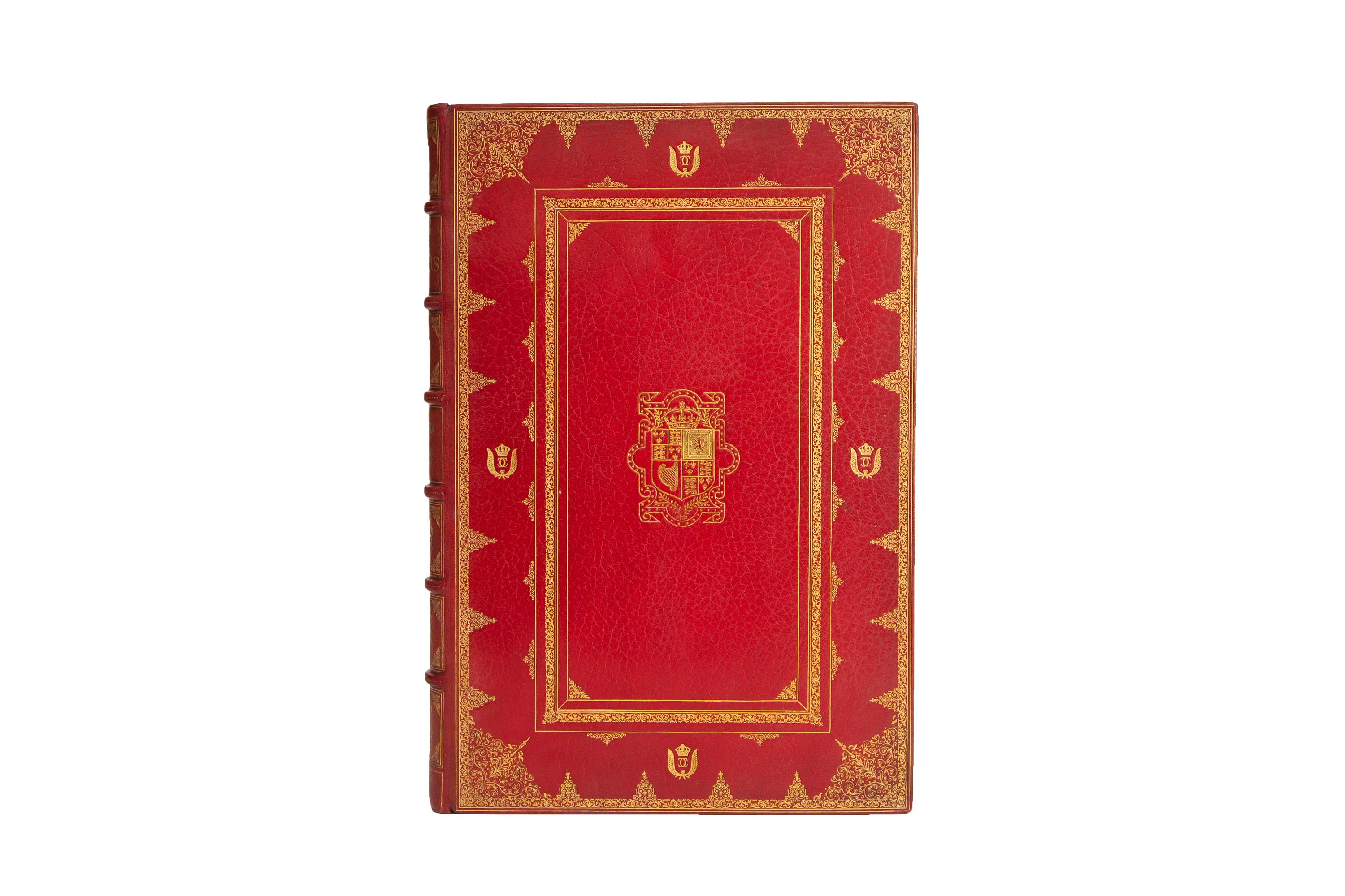 2 Volumes. J.J. Foster, The Stuarts. Limited edition. Bound in full red morocco with covers displaying ornate gilt tooling on the borders and central familial crests. Raised bands gilt with panels displaying ornate royal gilt tooling and label