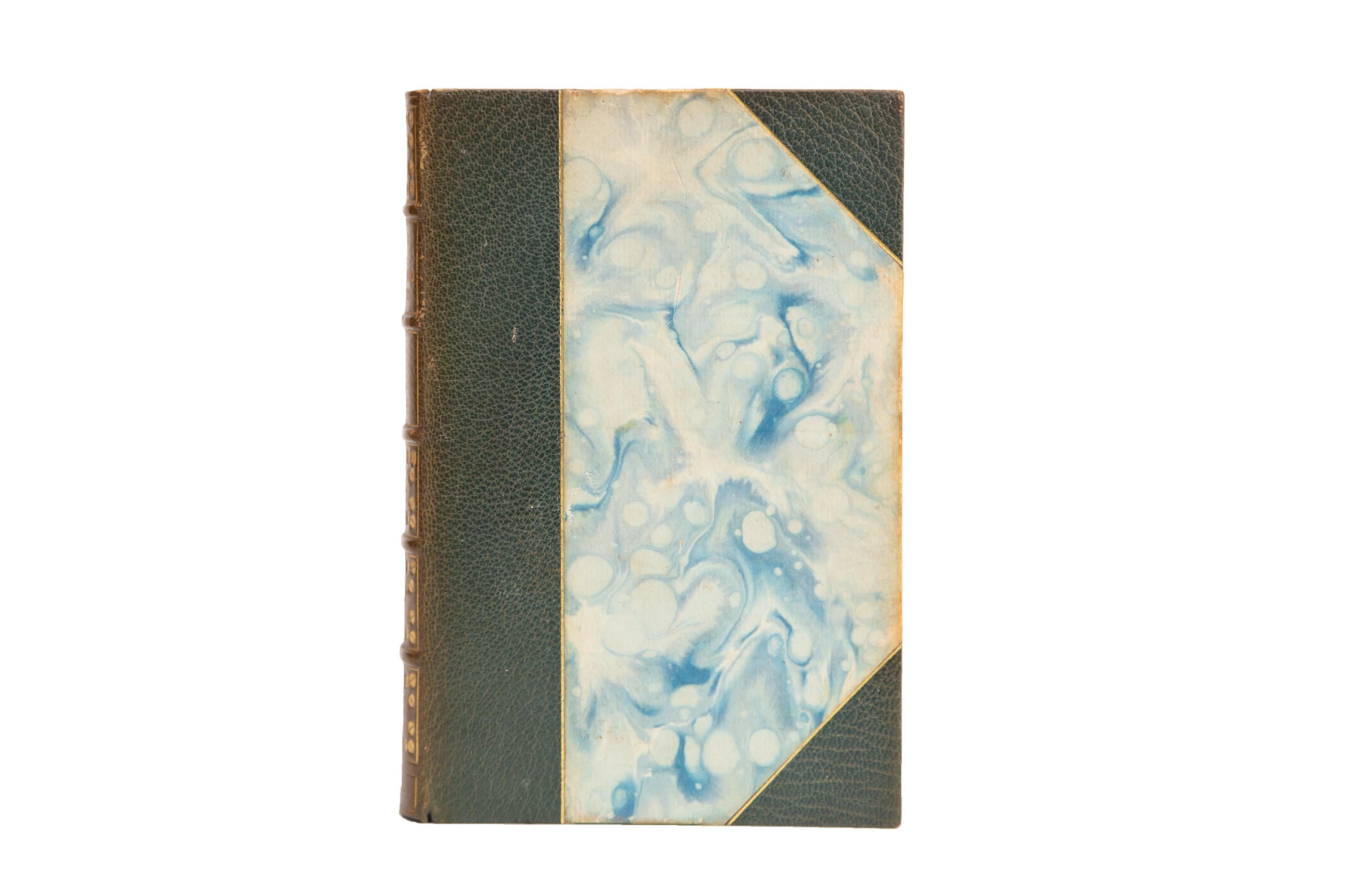 2 Volumes. John Addington Symonds, The Life of Michelangelo Buonarroti. Third Edition. Bound in 3/4 green morocco and marbled boards, bordered in gilt tooling. Raised bands, dotted in gilt tooling with panels displaying borders, floral detailing,