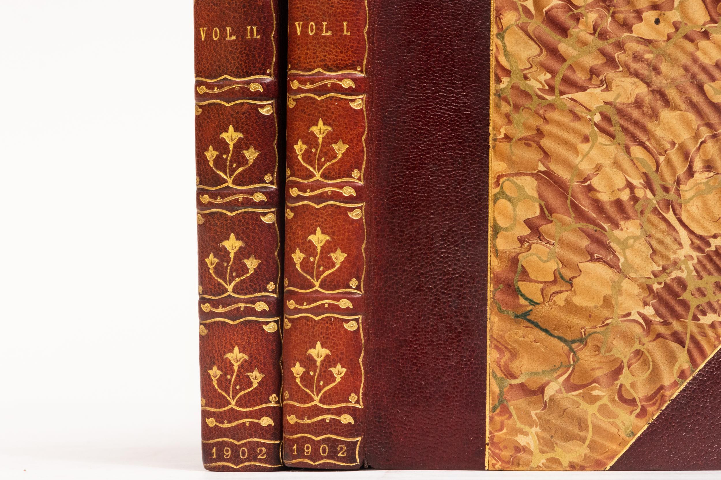 2 Volumes. John Keats, Poetical Works of John Keats. Bound in 3/4 wine morocco. Marbled boards. Raised bands. Top edges gilt. Marbled endpapers. Illustrated. Chronologically arranged and edited, with a memoir. Published: Boston; Little, Brown, & Co.