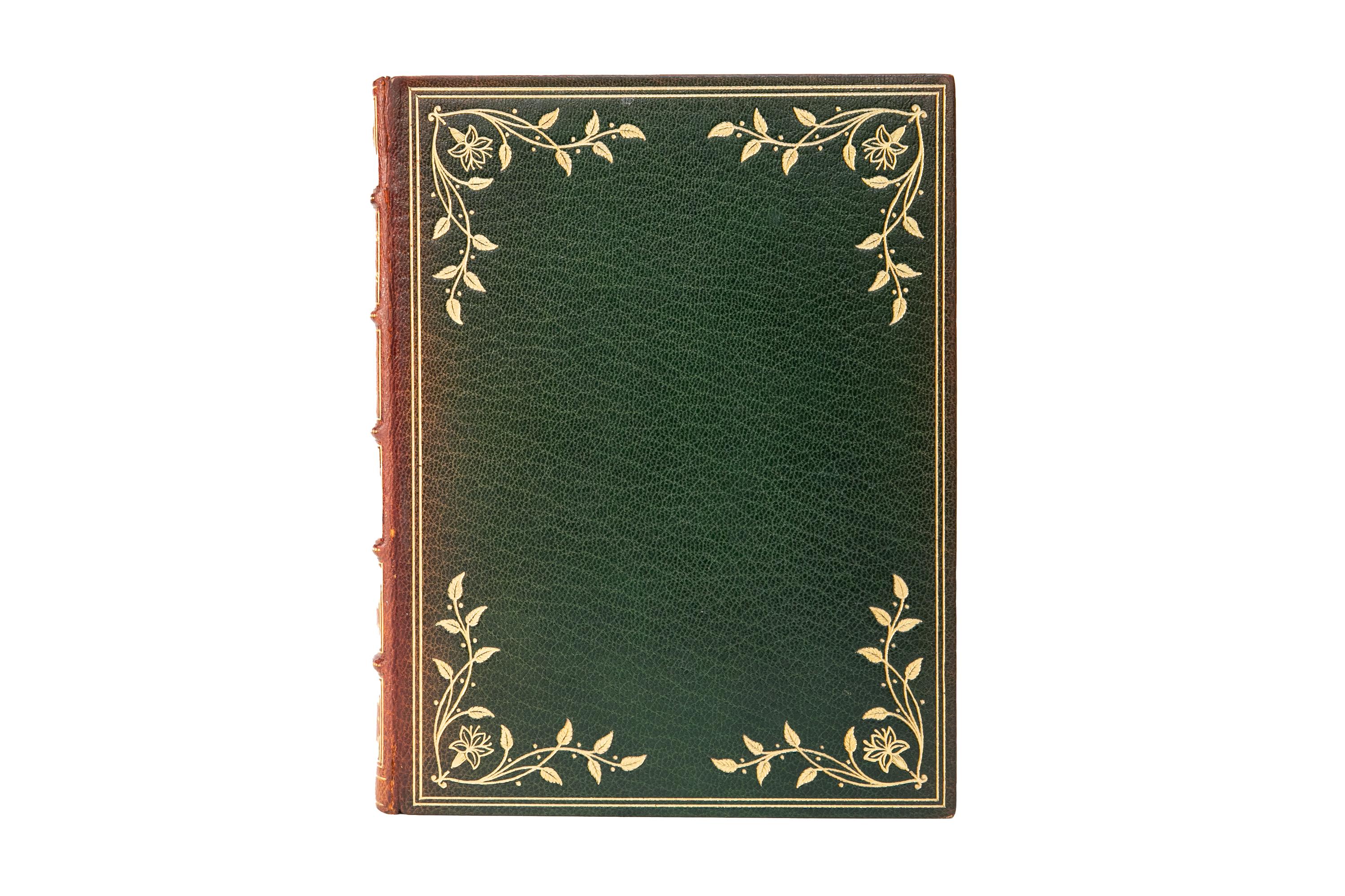 2 Volumes. John Keats, The Poems. Bound in full green morocco with the raised band spines faded to brown and decorated with floral gilt-tooled detailing. Top edges gilt with gilt-tooled dentelles and marbled endpapers. Arranged in chronological