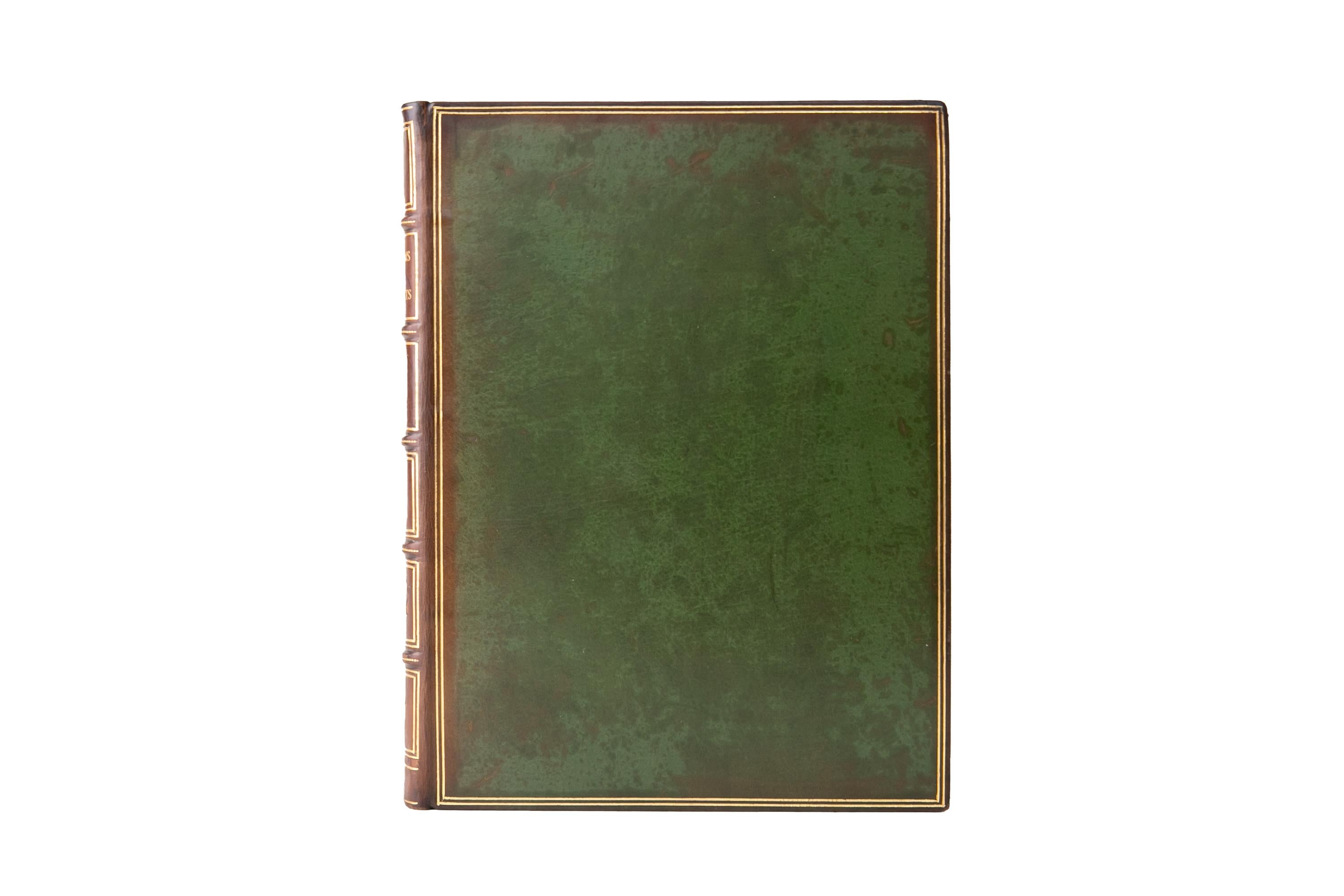 2 Volumes. John Keats, The Poems. Bound by Riviere in full green calf. The Covers and raised band spines are gilt-tooled. top edges gilt with gilt-tooled dentelles and marbled endpapers. Arranged in chronological order with a preface by Sidney