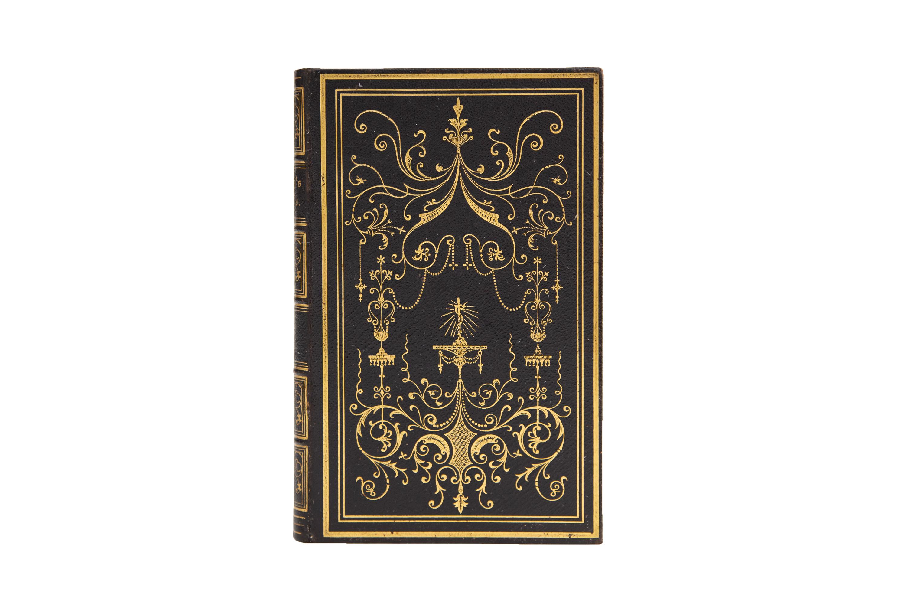 2 Volumes. John Milton, The Poetical Works. Bound in full black morocco with the covers displaying ornate gilt detailing and bordering depicting a scene between two people under a tree surrounded by embellishments. Raised bands with panels