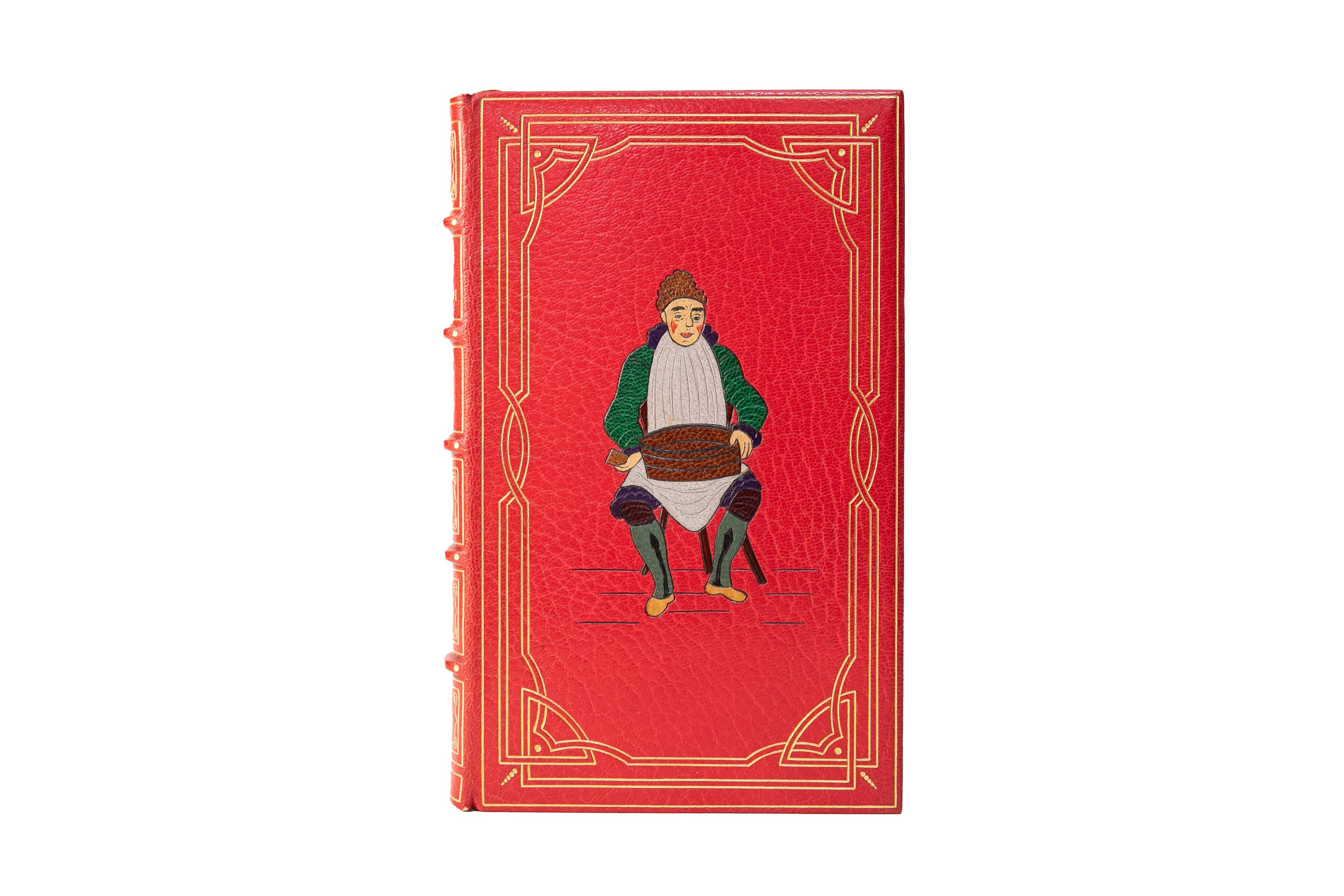 2 Volumes. Charles Dickens, Joseph Grimaldi Memoirs. First Edition. Bound by Bayntun in full red morocco with the covers displaying figures in multi-color inlay and gilt-tooled borders. The spines display gilt-tooled detailing. All of the edges are