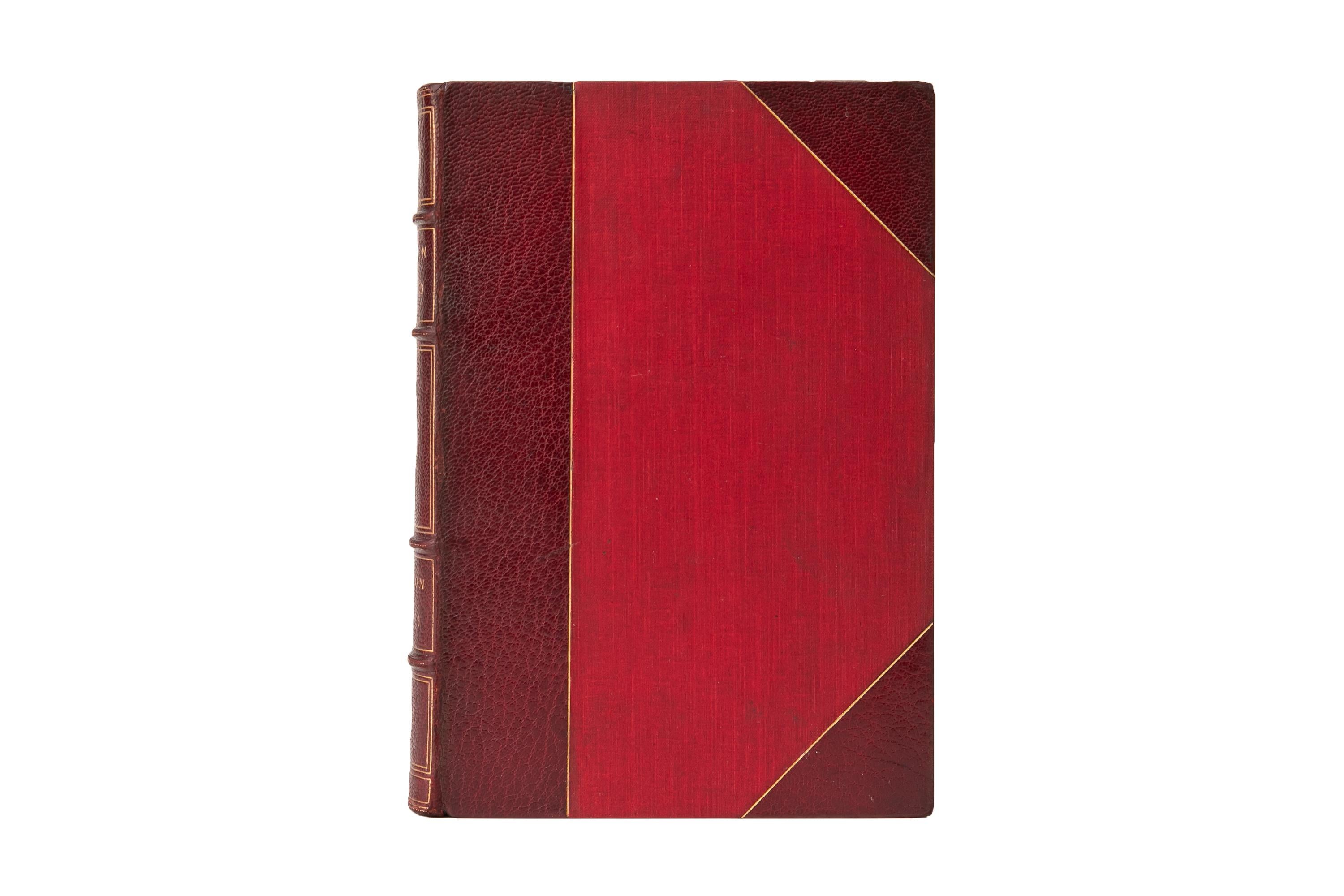 2 Volumes. Joseph Ritson, Robin Hood. Bound by Birdsall in 3/4 red morocco and linen boards. The covers and raised band spines are gilt-tooled. The top edges are gilt with marbled endpapers. Prefixed by historical anecdotes of his life. 80 wood