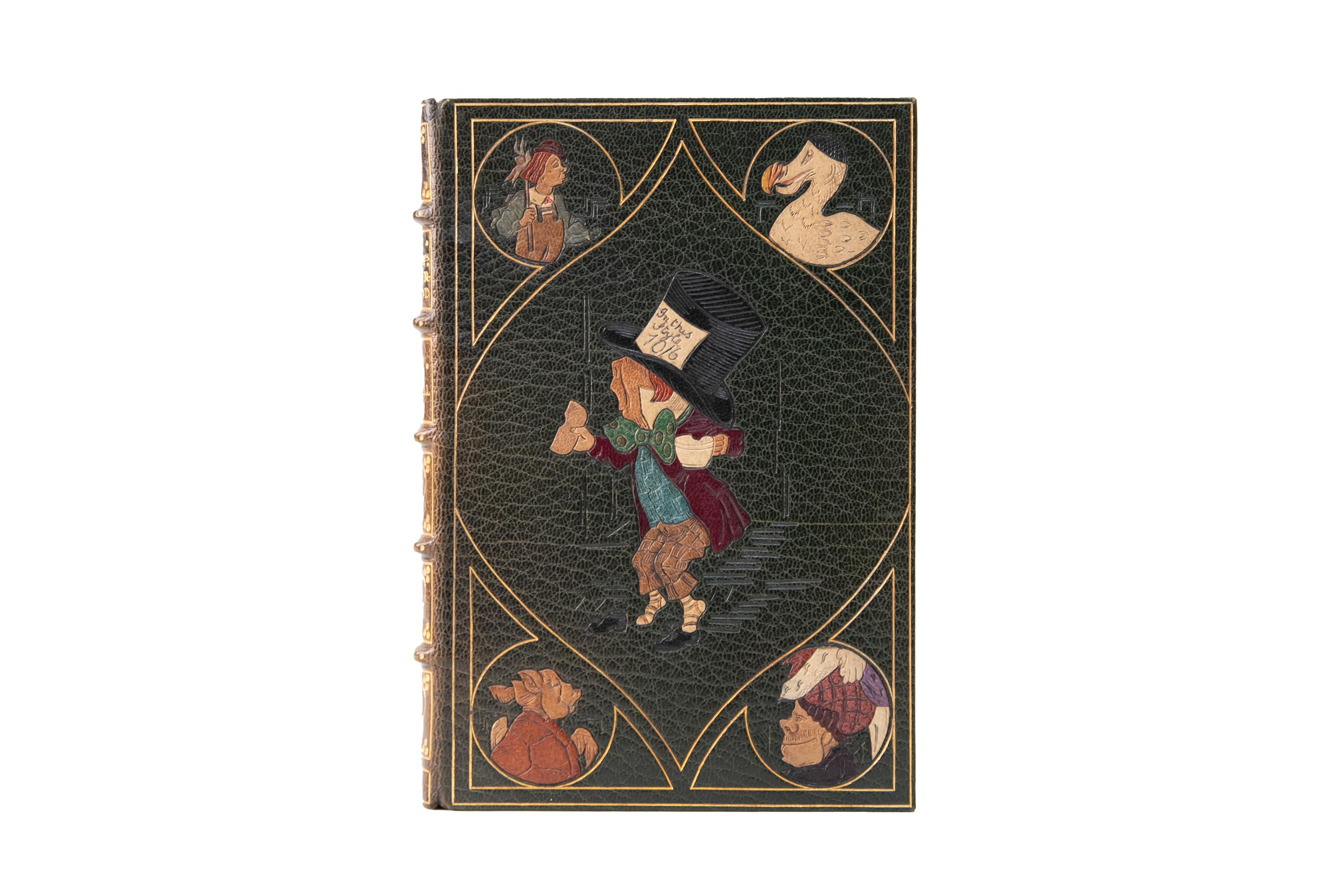 2 Volumes. Lewis Carroll, Alice's Adventures in Wonderland & Through the Looking-Glass. 6th Edition. Bound by Kelliegram in full green Morocco. The covers display intricate depictions of each character in multi-color inlay with gilt-tooled borders.